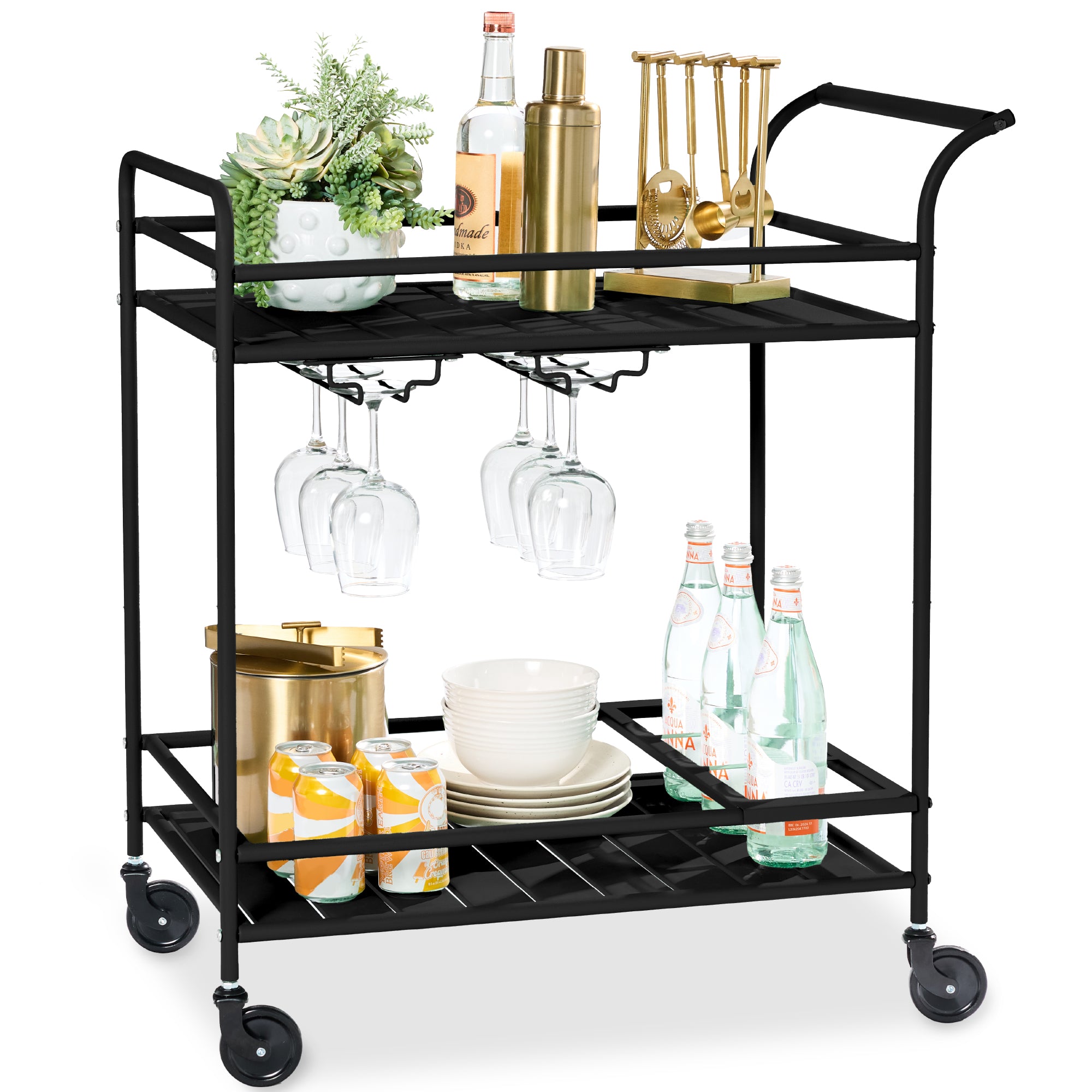 2-Tier Rolling Bar Cart Indoor/Outdoor w/ Shelves, Wine Rack