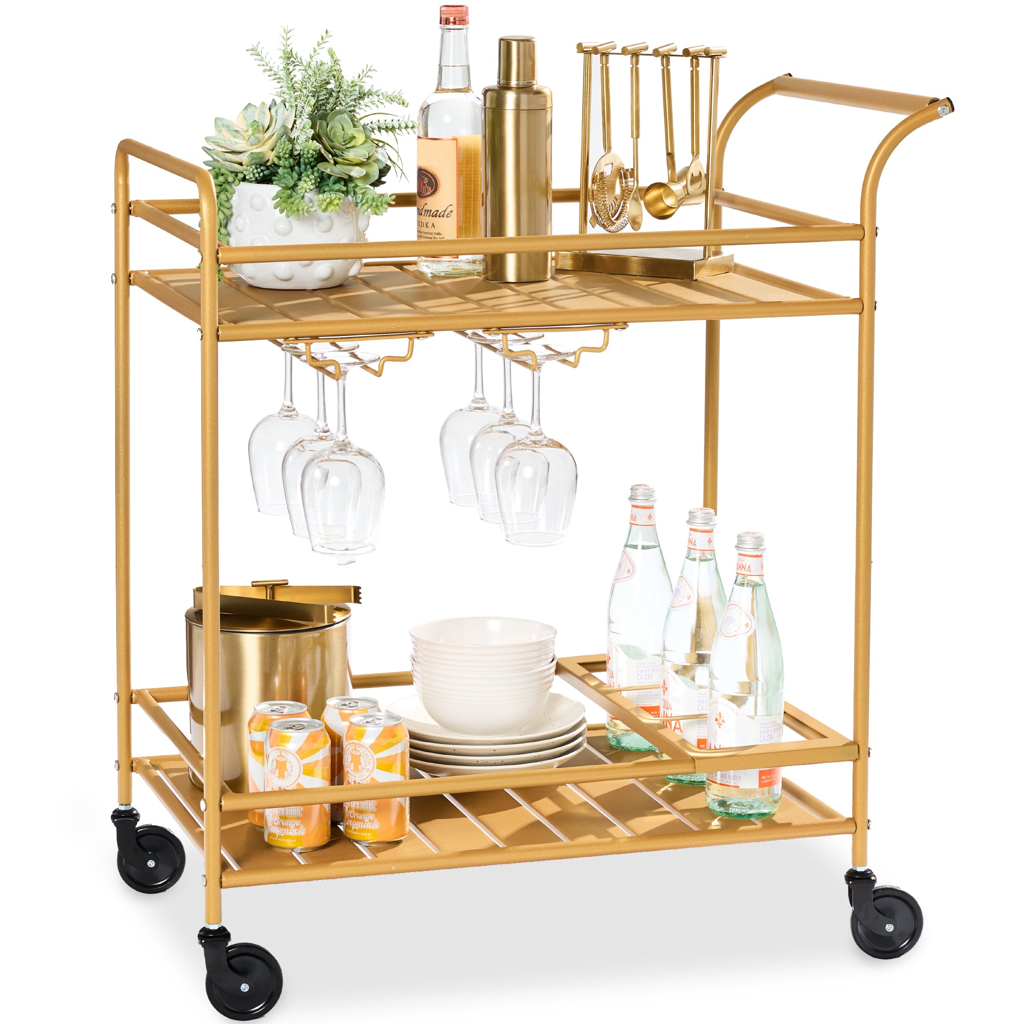 2-Tier Rolling Bar Cart Indoor/Outdoor w/ Shelves, Wine Rack, Locking Wheels
