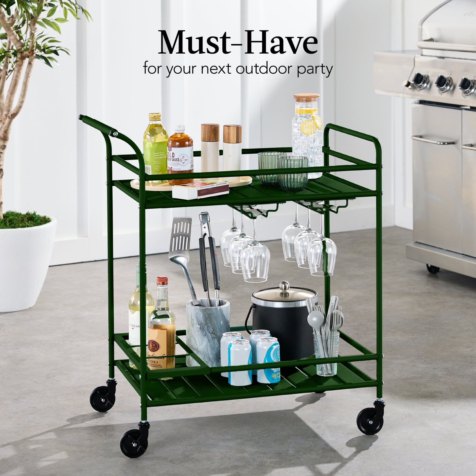 2-Tier Rolling Bar Cart Indoor/Outdoor w/ Shelves, Wine Rack, Locking Wheels