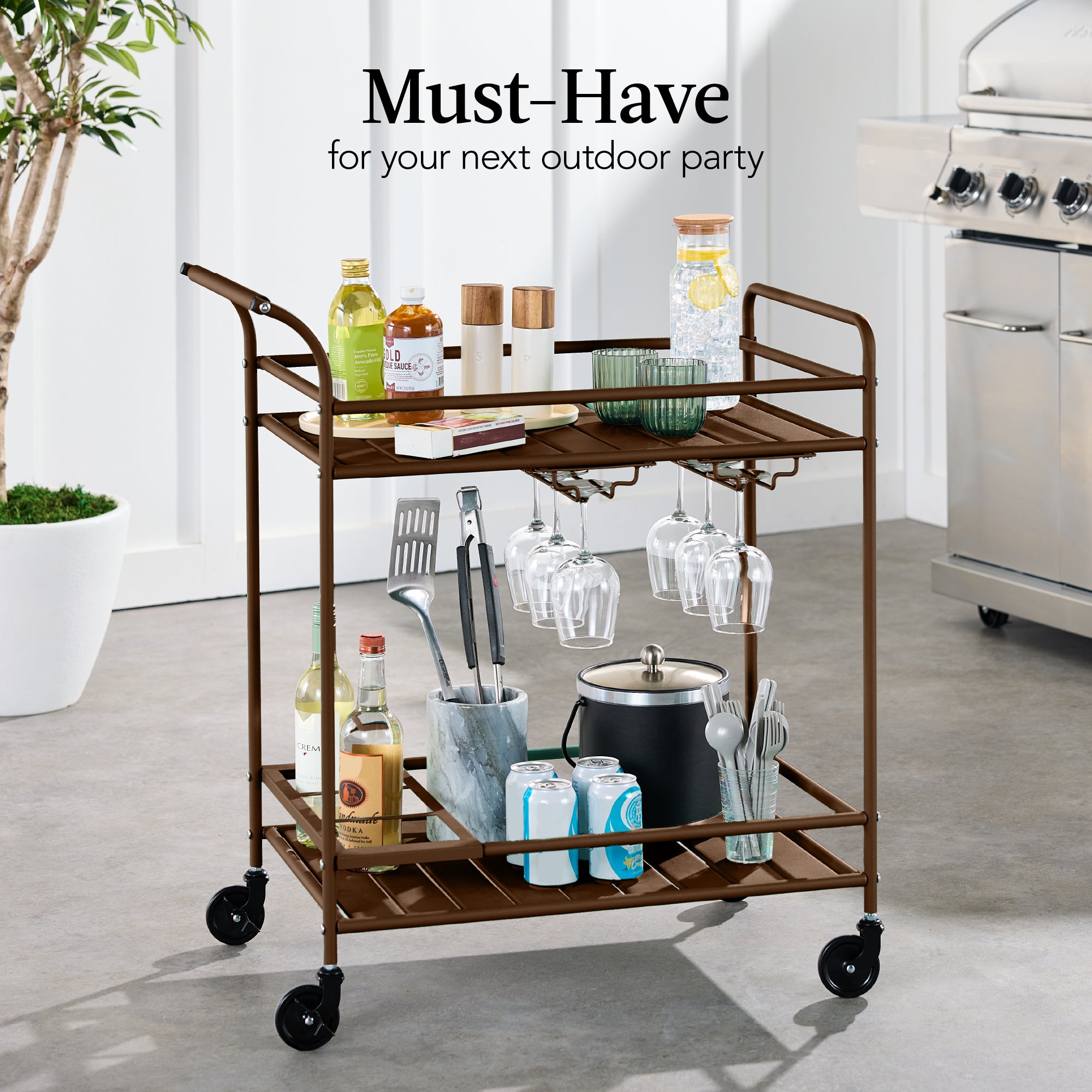 2-Tier Rolling Bar Cart Indoor/Outdoor w/ Shelves, Wine Rack, Locking Wheels