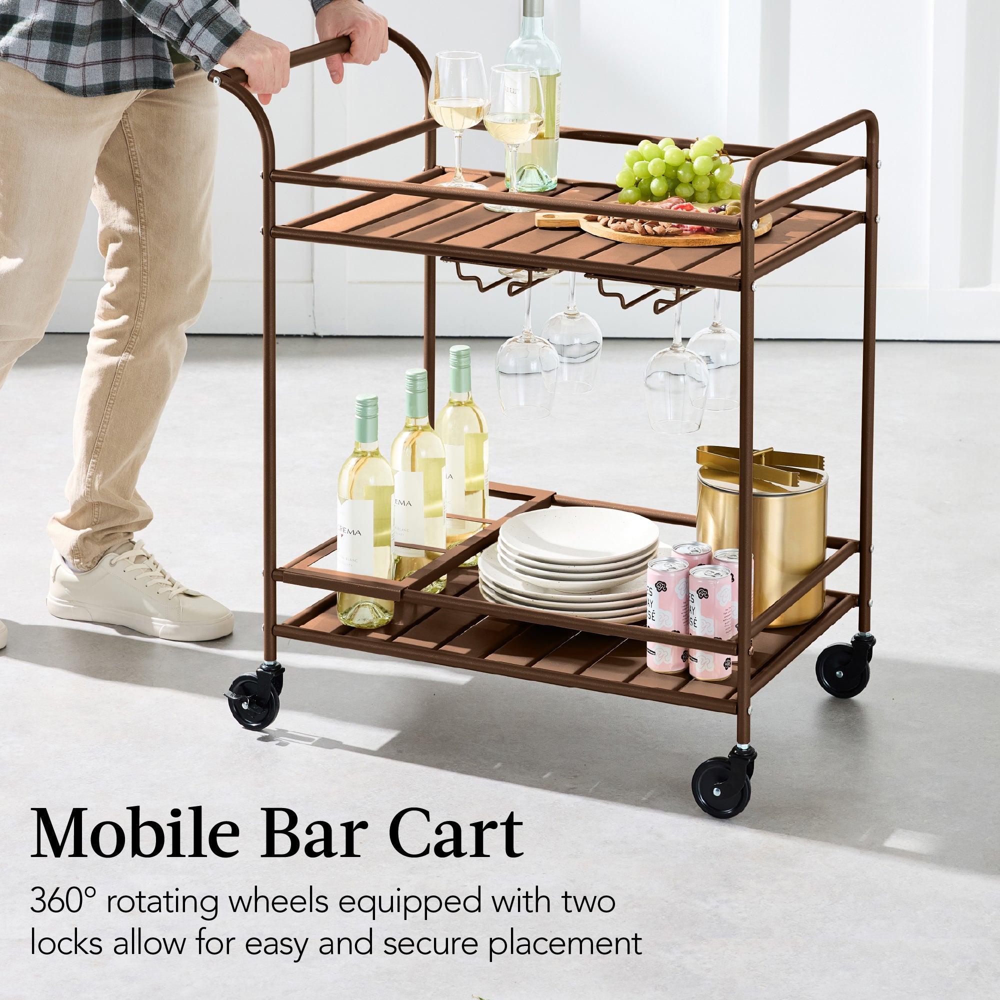 2-Tier Rolling Bar Cart Indoor/Outdoor w/ Shelves, Wine Rack, Locking Wheels