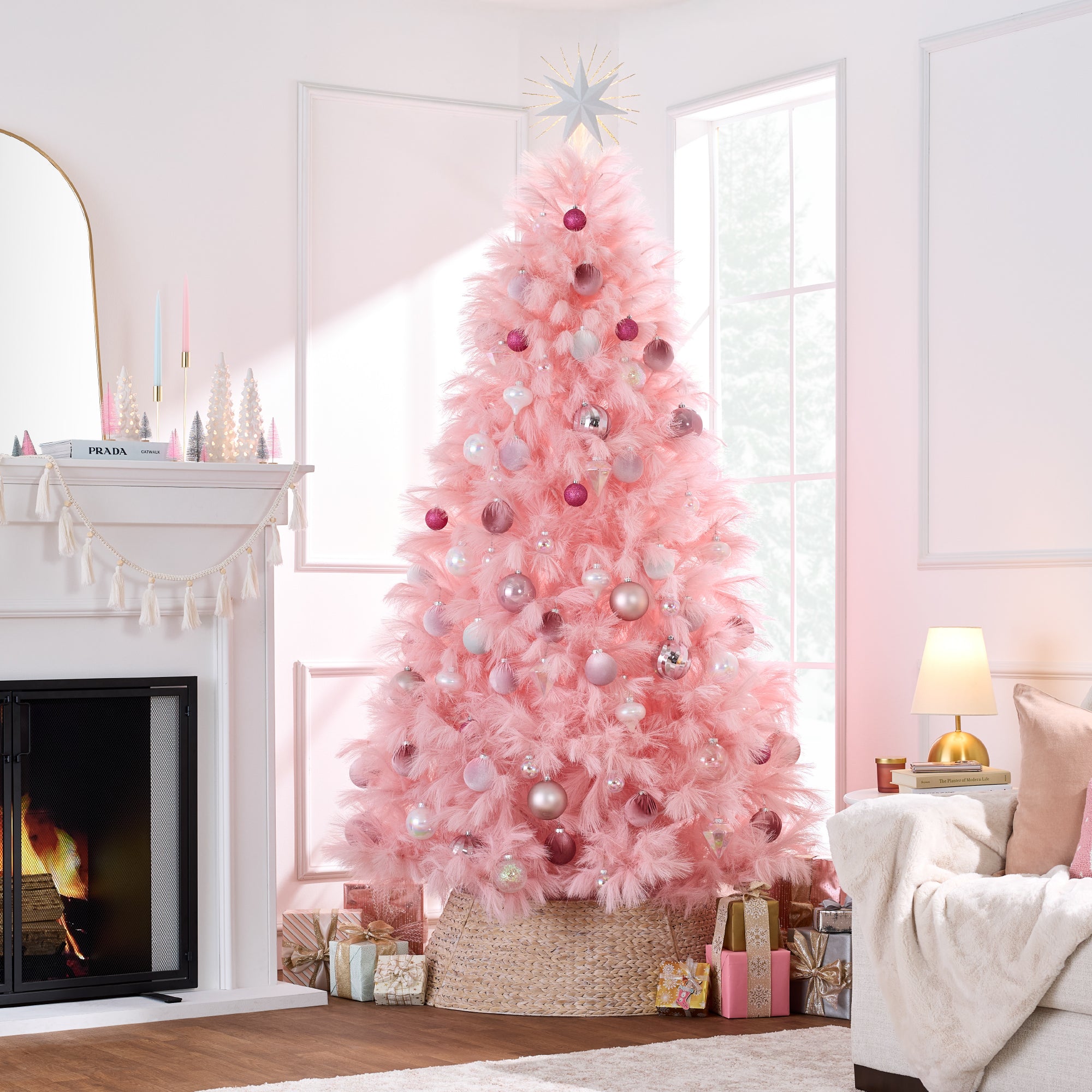Premium Artificial Pink Pampas Christmas Tree w/ Foldable Metal