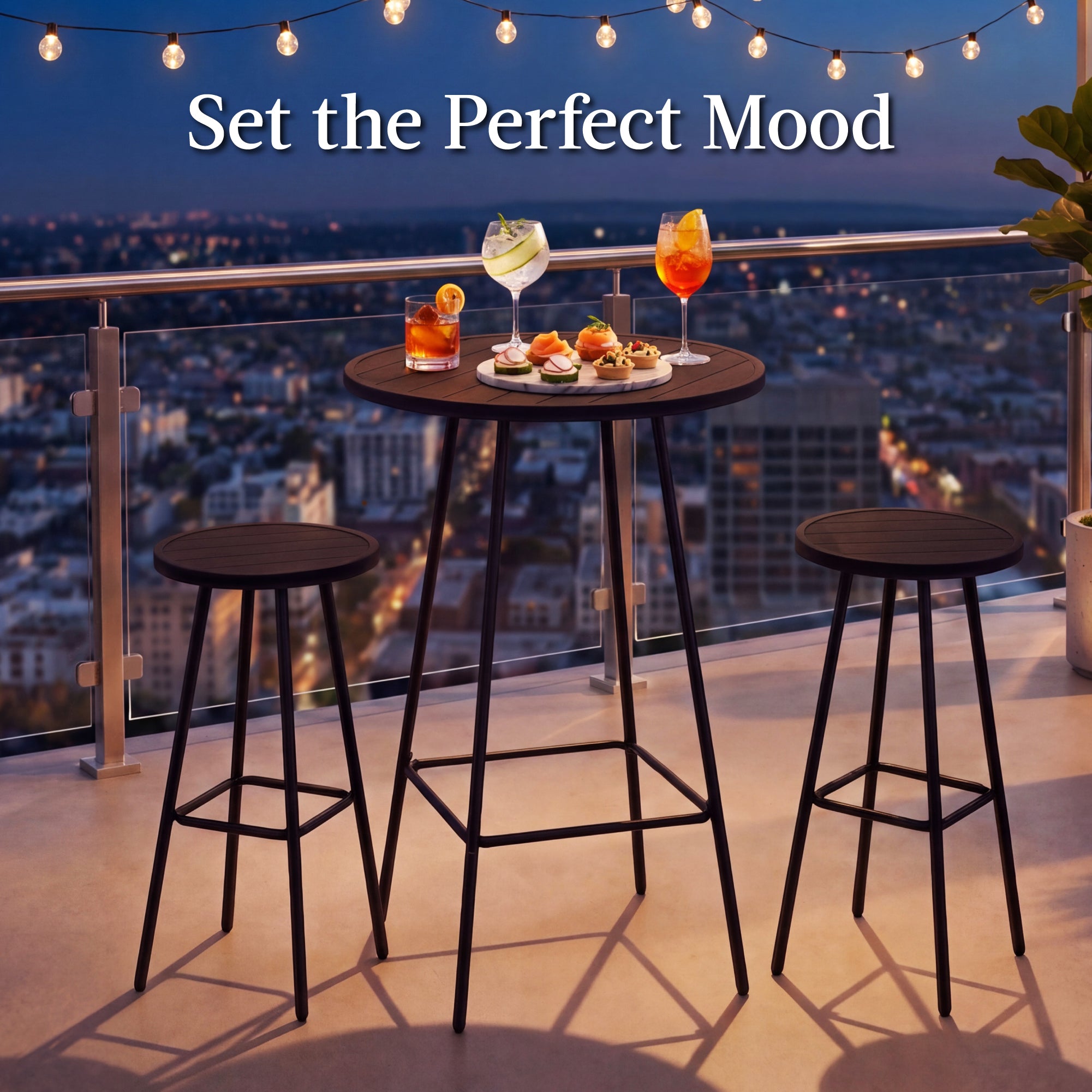 3-Piece Patio Bar Height Bistro Set w/ Backless Stools, Slatted Design