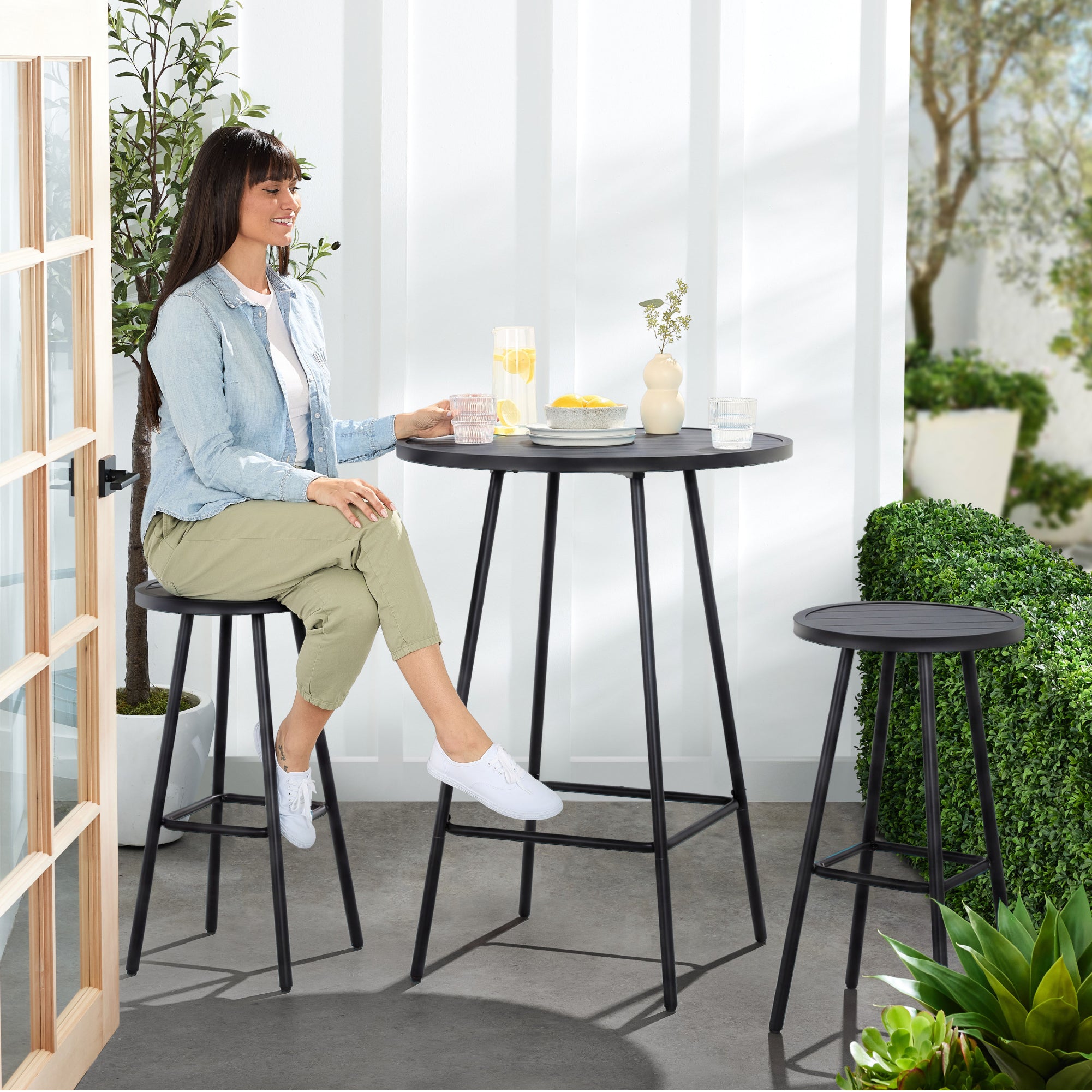 3-Piece Patio Bar Height Bistro Set w/ Backless Stools, Slatted Design