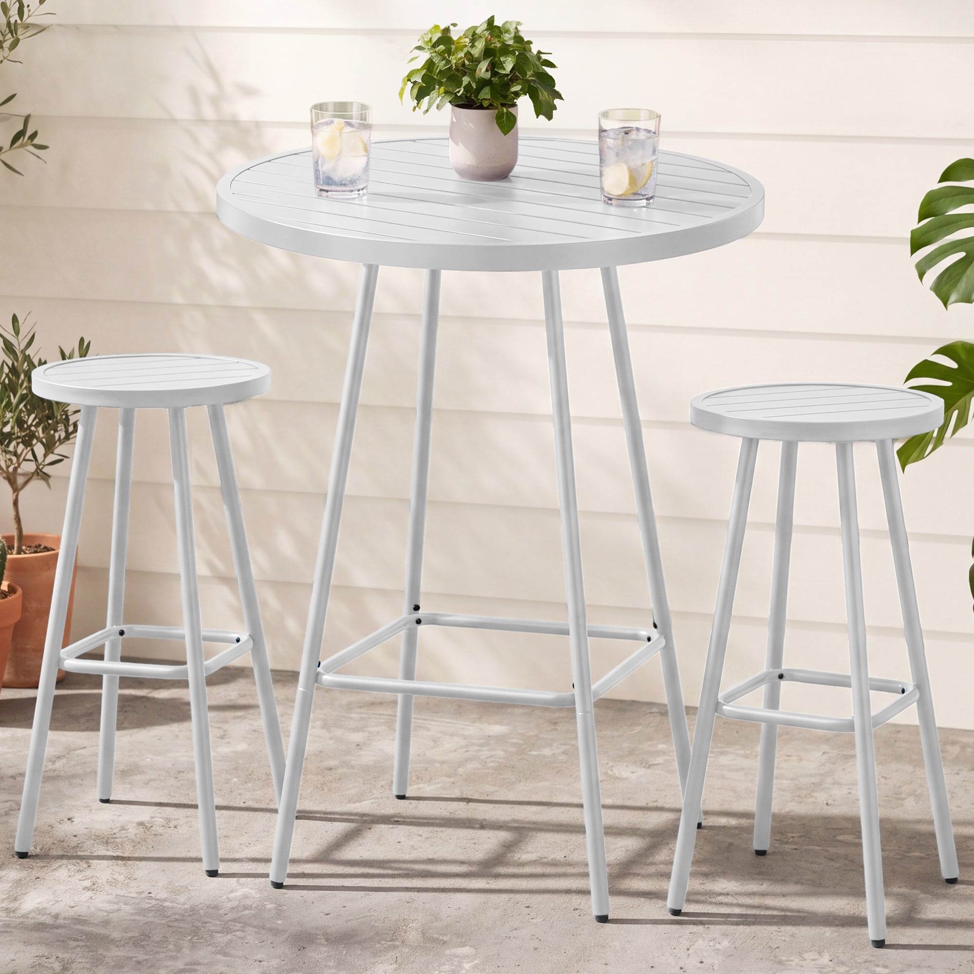 3-Piece Patio Bar Height Bistro Set w/ Backless Stools, Slatted Design