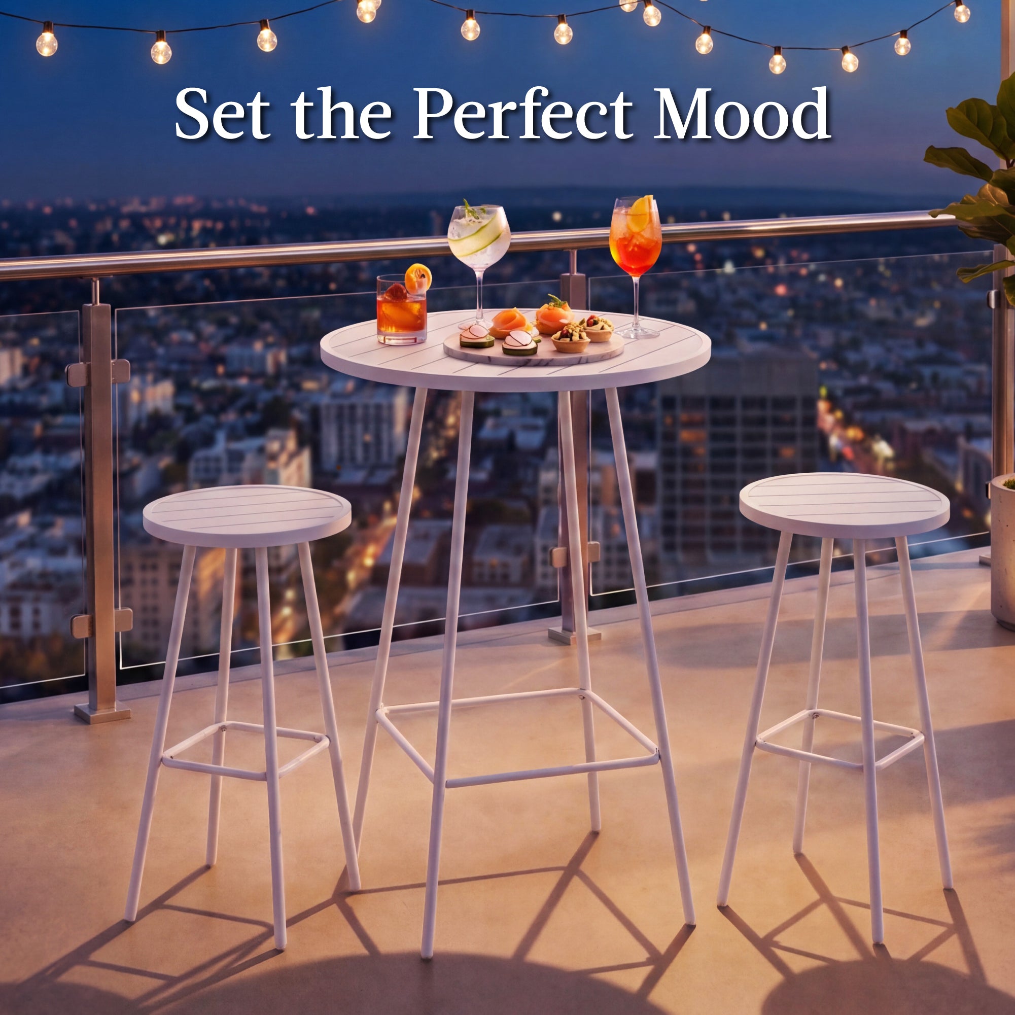 3-Piece Patio Bar Height Bistro Set w/ Backless Stools, Slatted Design