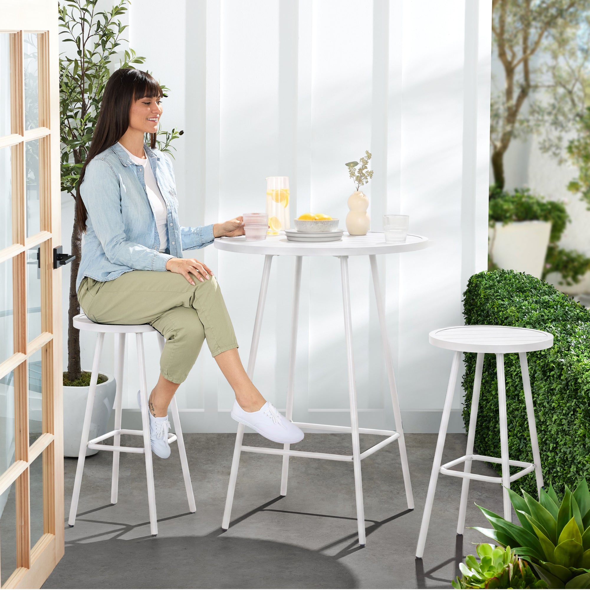 3-Piece Patio Bar Height Bistro Set w/ Backless Stools, Slatted Design