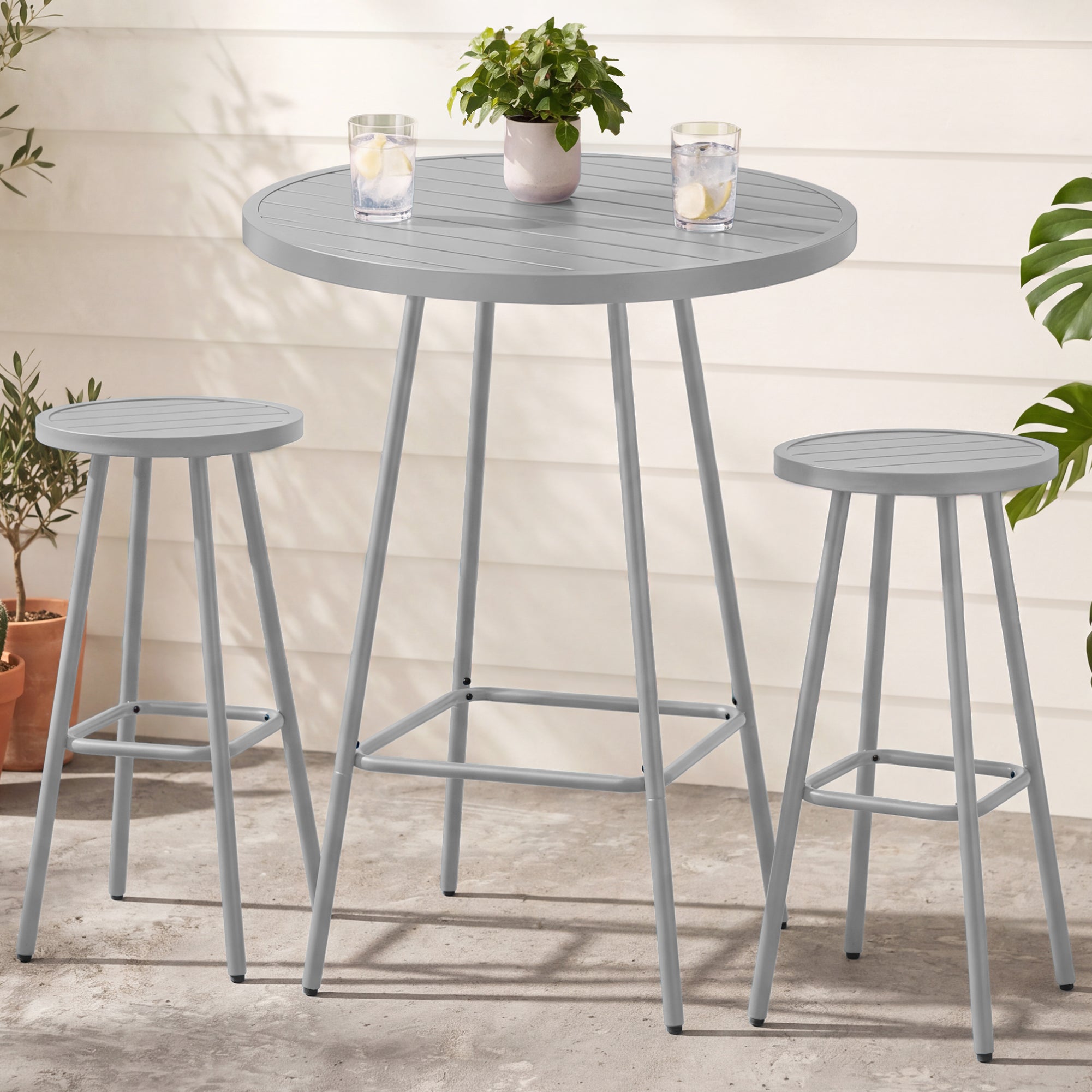 3-Piece Patio Bar Height Bistro Set w/ Backless Stools, Slatted Design