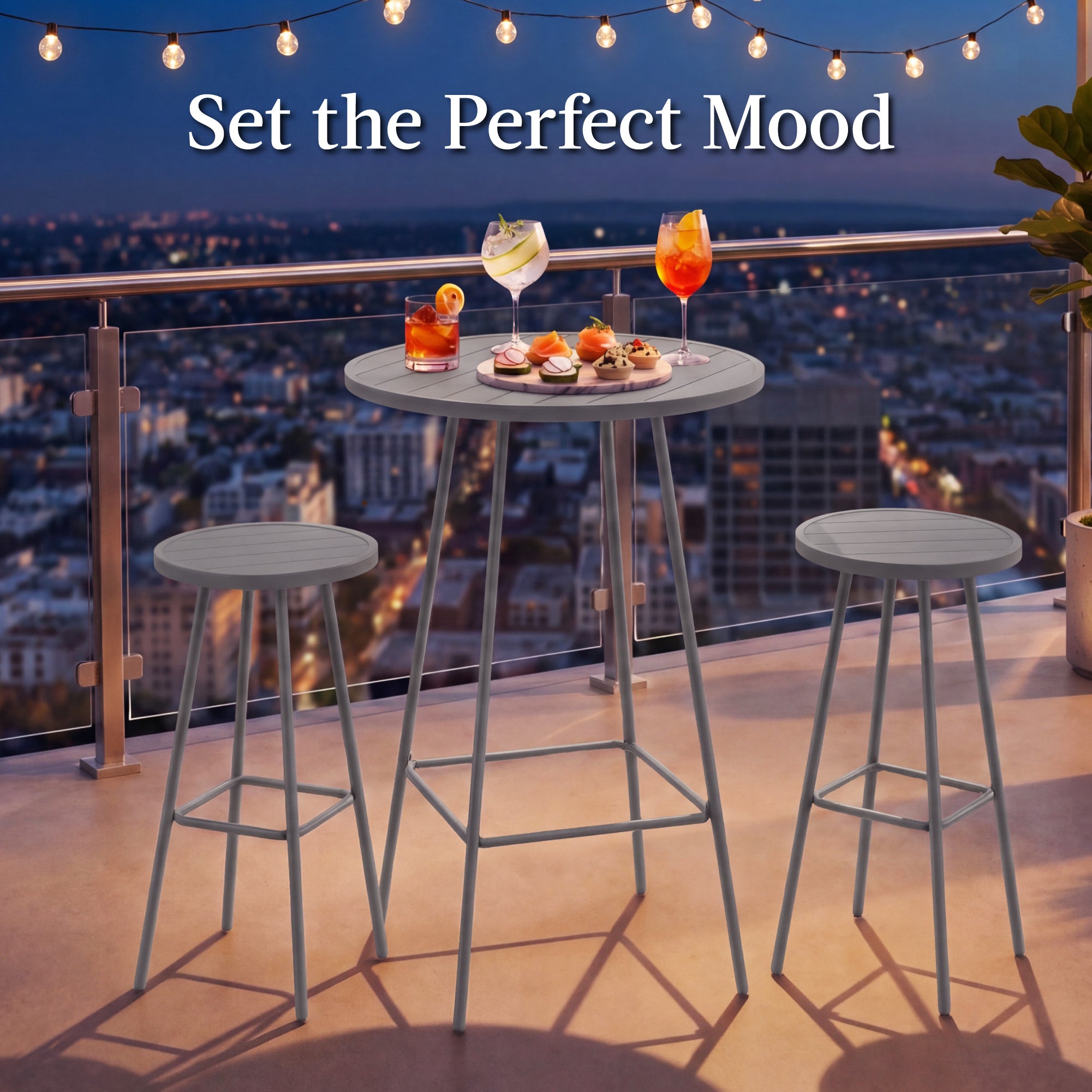 3-Piece Patio Bar Height Bistro Set w/ Backless Stools, Slatted Design
