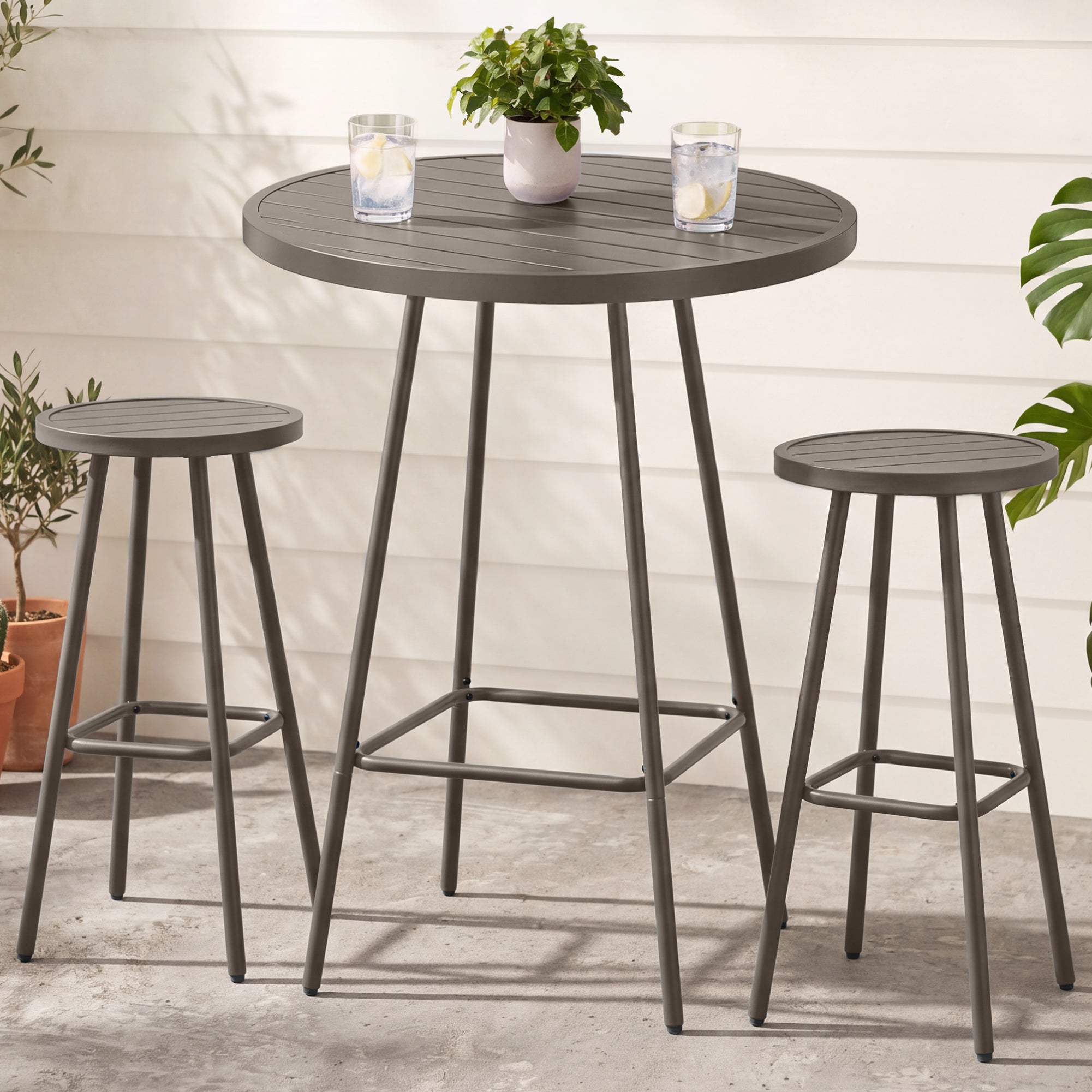 3-Piece Patio Bar Height Bistro Set w/ Backless Stools, Slatted Design
