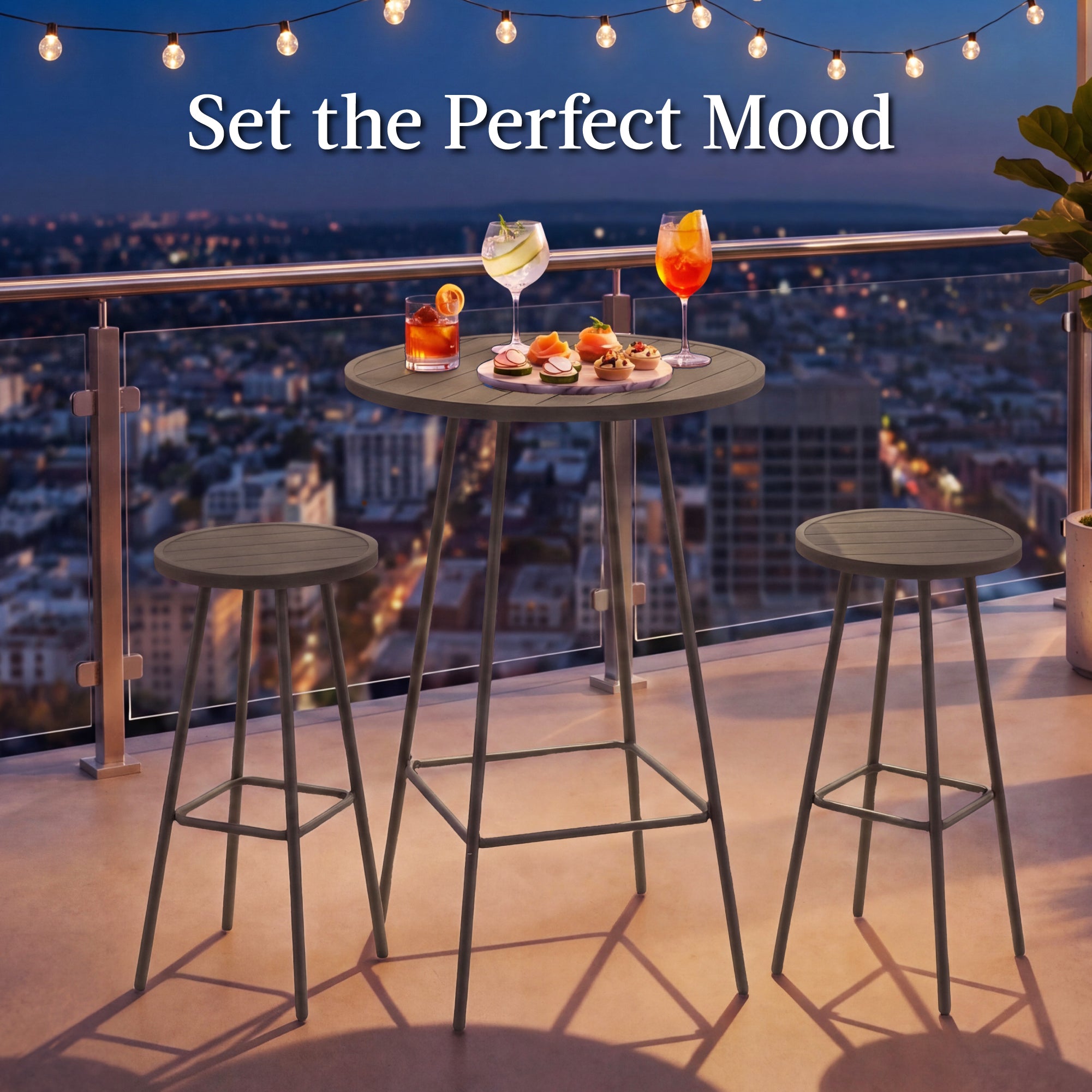 3-Piece Patio Bar Height Bistro Set w/ Backless Stools, Slatted Design