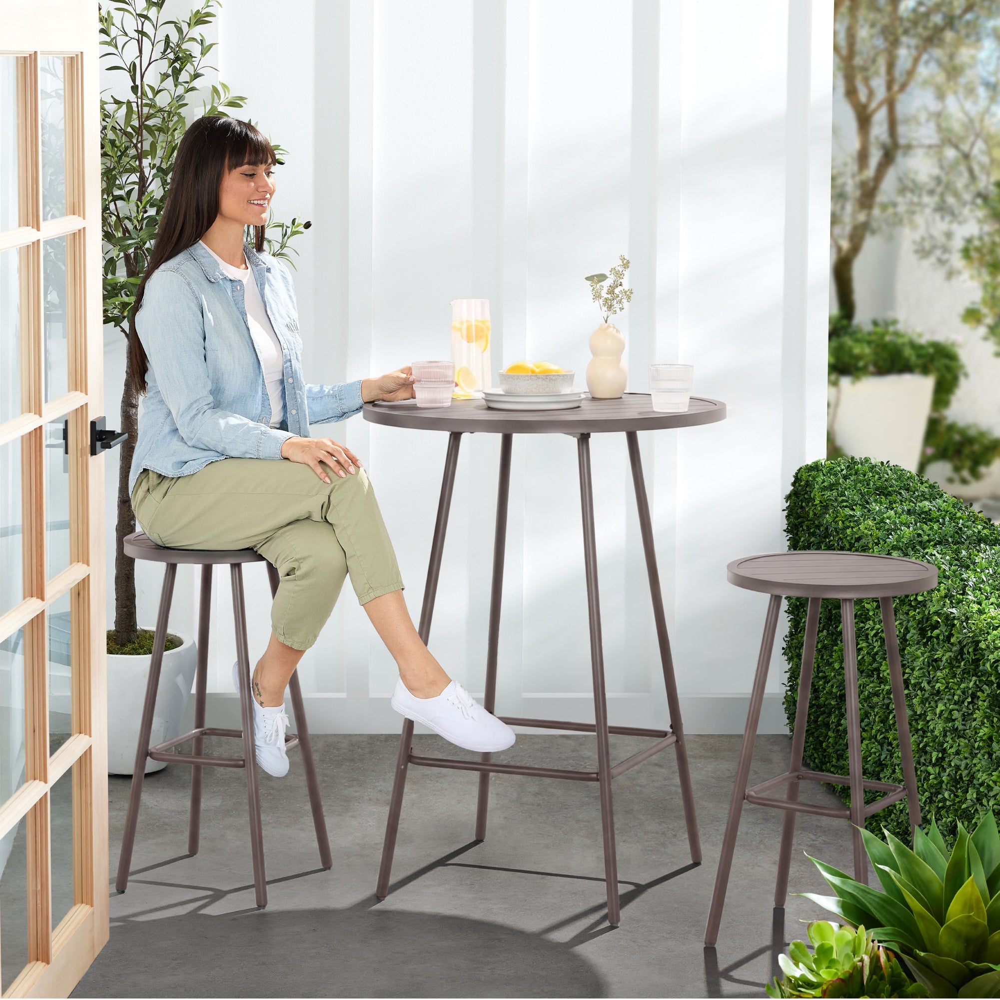3-Piece Patio Bar Height Bistro Set w/ Backless Stools, Slatted Design