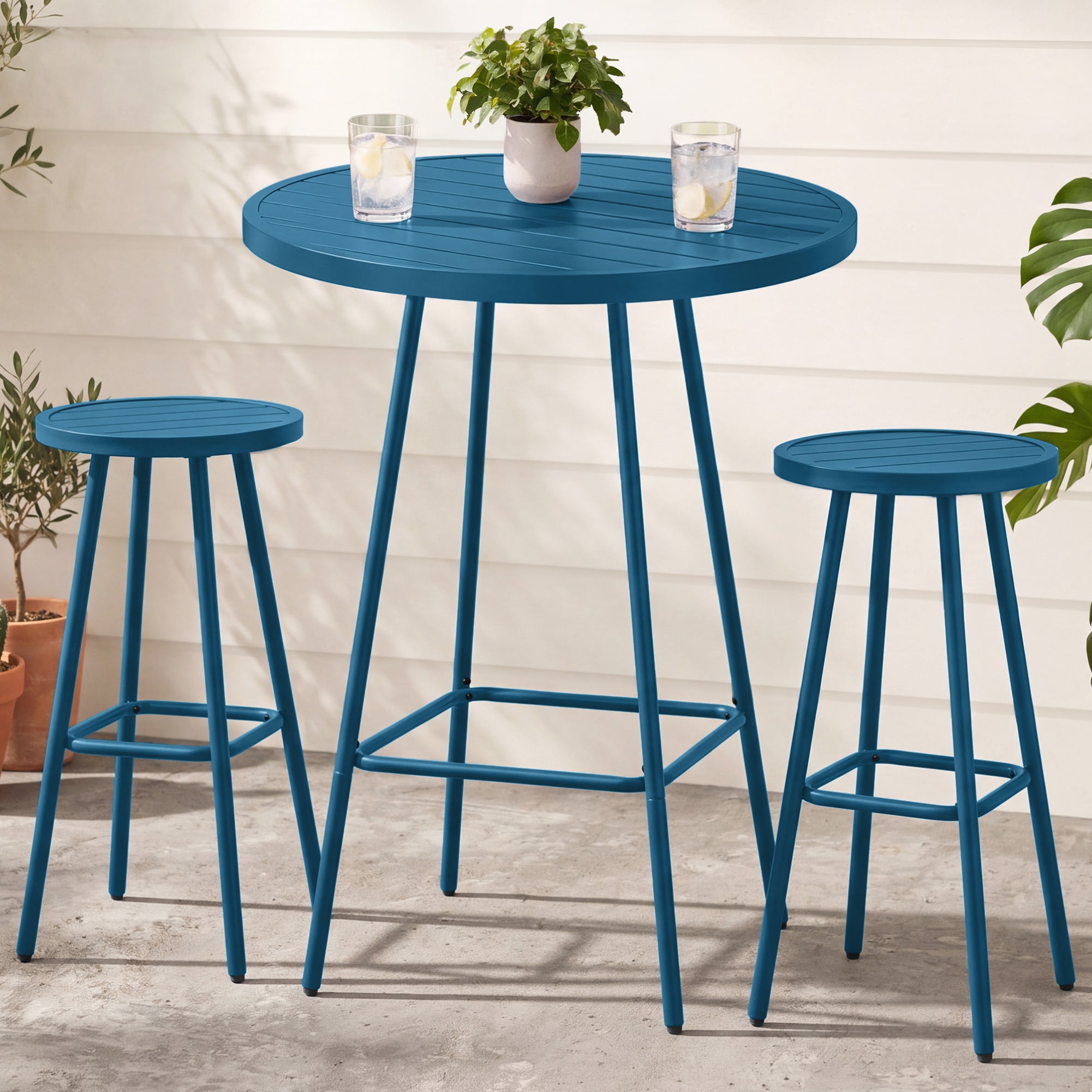 3-Piece Patio Bar Height Bistro Set w/ Backless Stools, Slatted Design