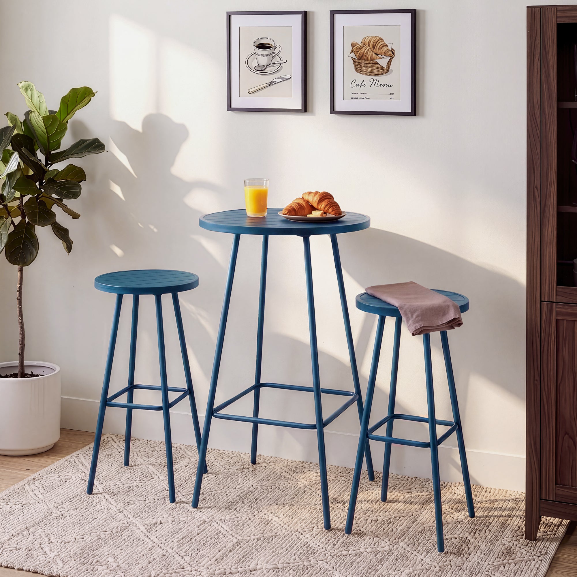 3-Piece Patio Bar Height Bistro Set w/ Backless Stools, Slatted Design