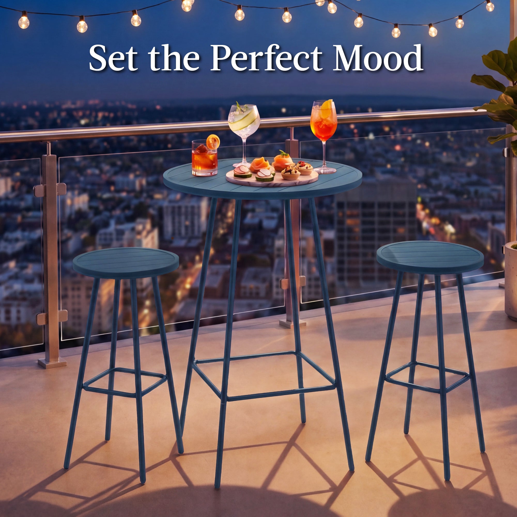 3-Piece Patio Bar Height Bistro Set w/ Backless Stools, Slatted Design