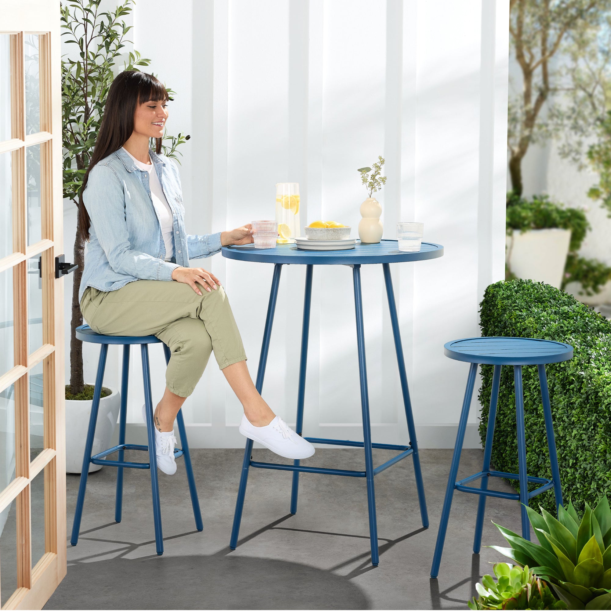 3-Piece Patio Bar Height Bistro Set w/ Backless Stools, Slatted Design