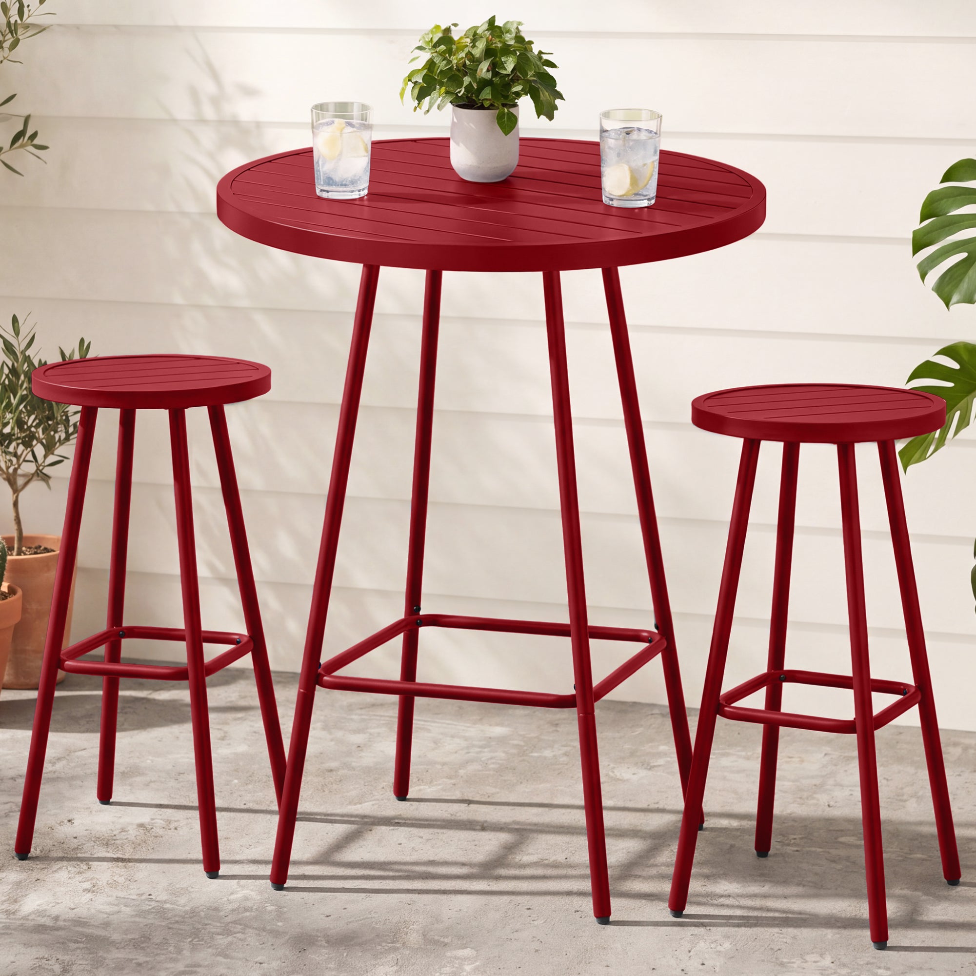 3-Piece Patio Bar Height Bistro Set w/ Backless Stools, Slatted Design