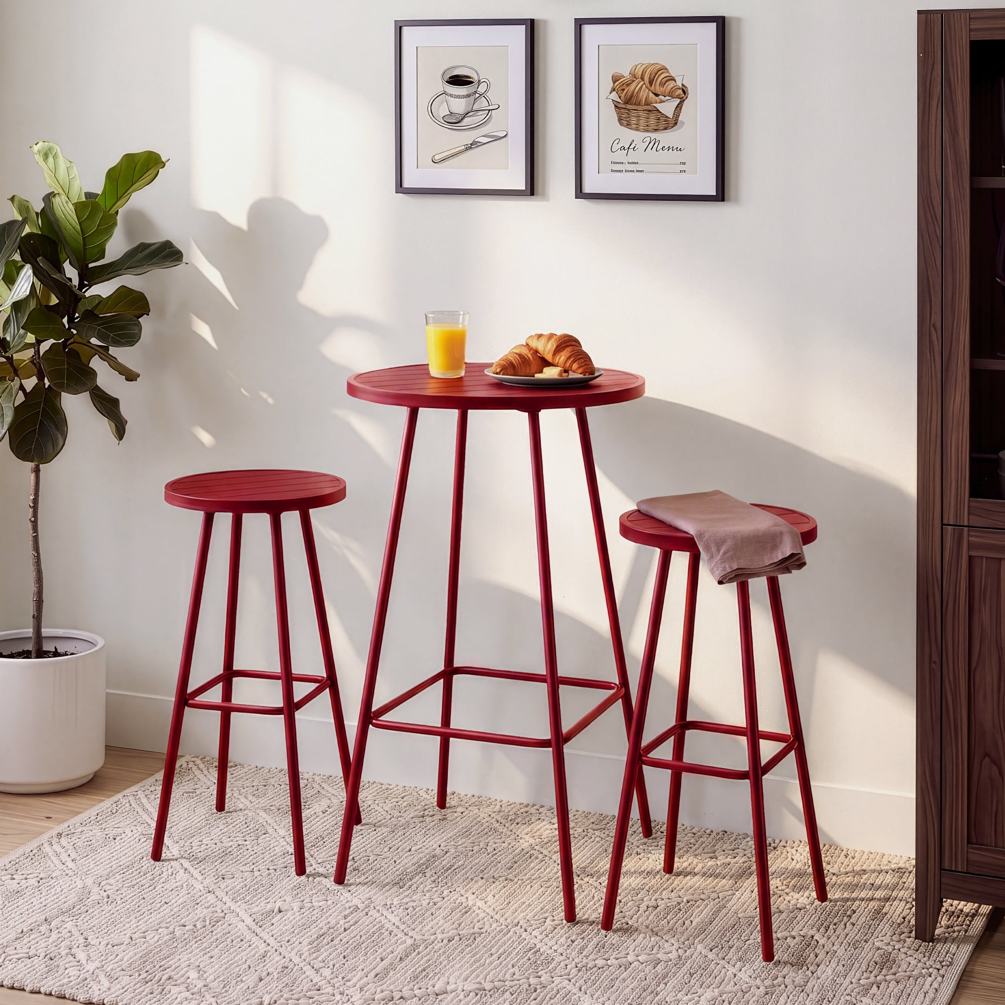 3-Piece Patio Bar Height Bistro Set w/ Backless Stools, Slatted Design