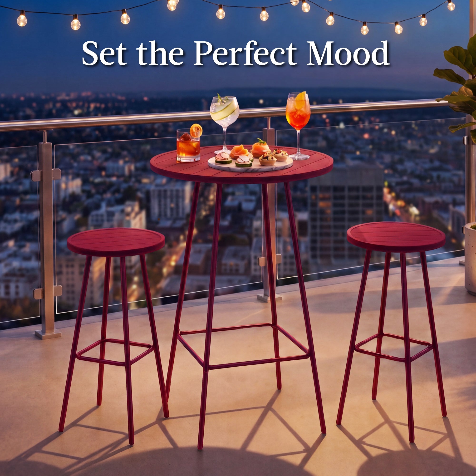 3-Piece Patio Bar Height Bistro Set w/ Backless Stools, Slatted Design