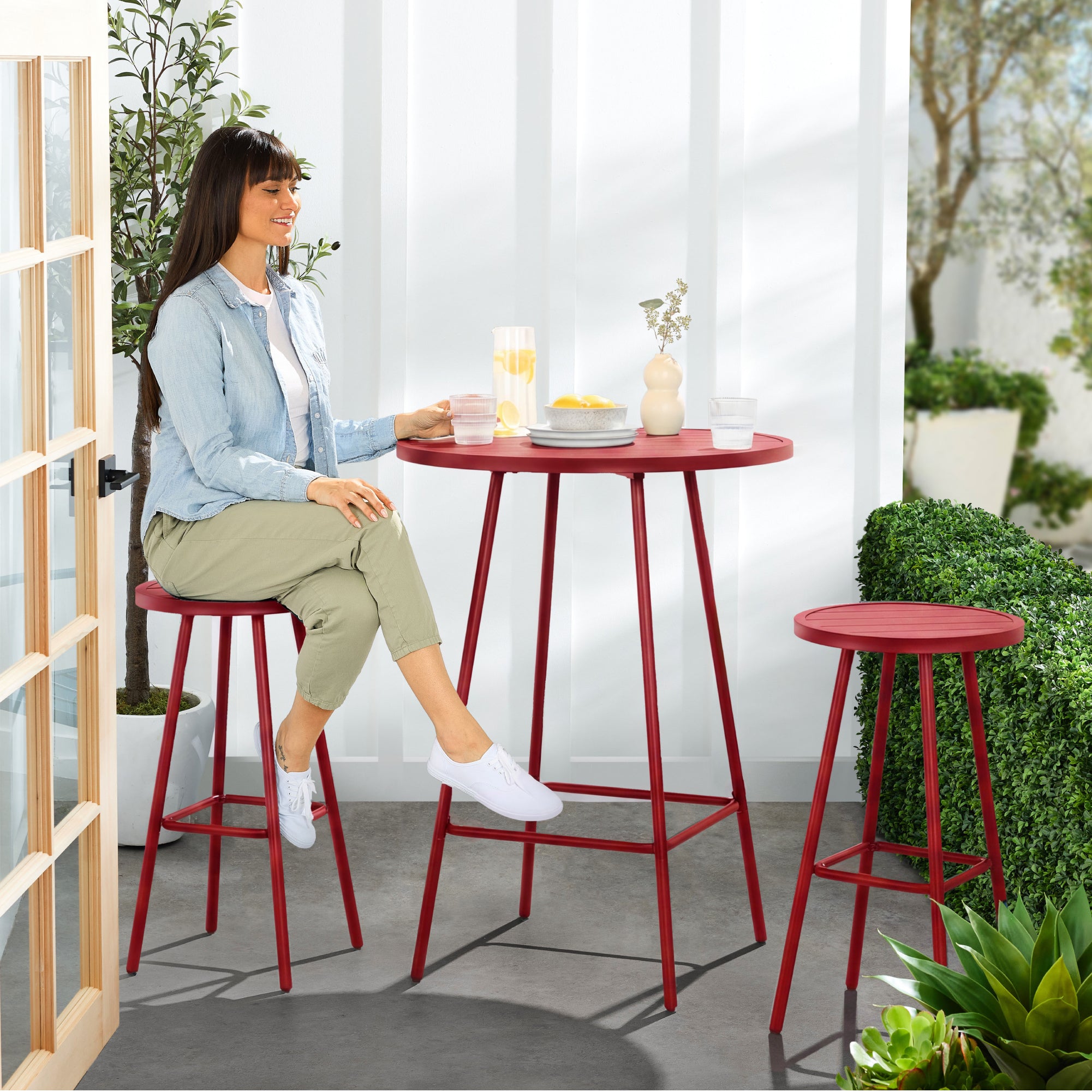 3-Piece Patio Bar Height Bistro Set w/ Backless Stools, Slatted Design