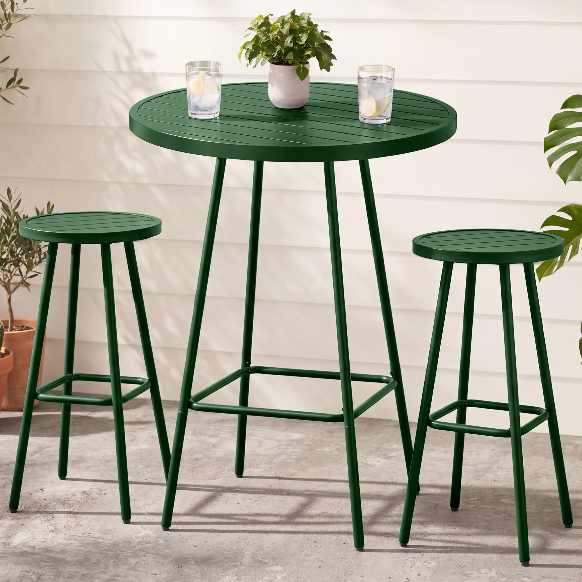 3-Piece Patio Bar Height Bistro Set w/ Backless Stools, Slatted Design
