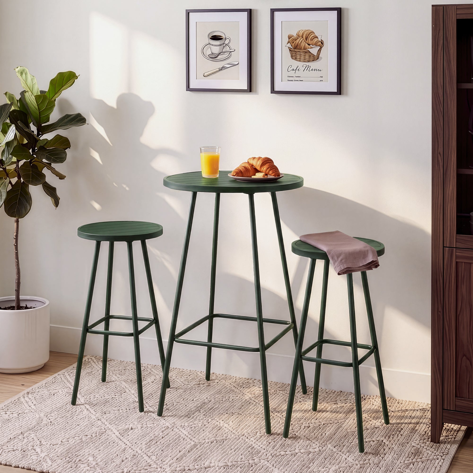 3-Piece Patio Bar Height Bistro Set w/ Backless Stools, Slatted Design