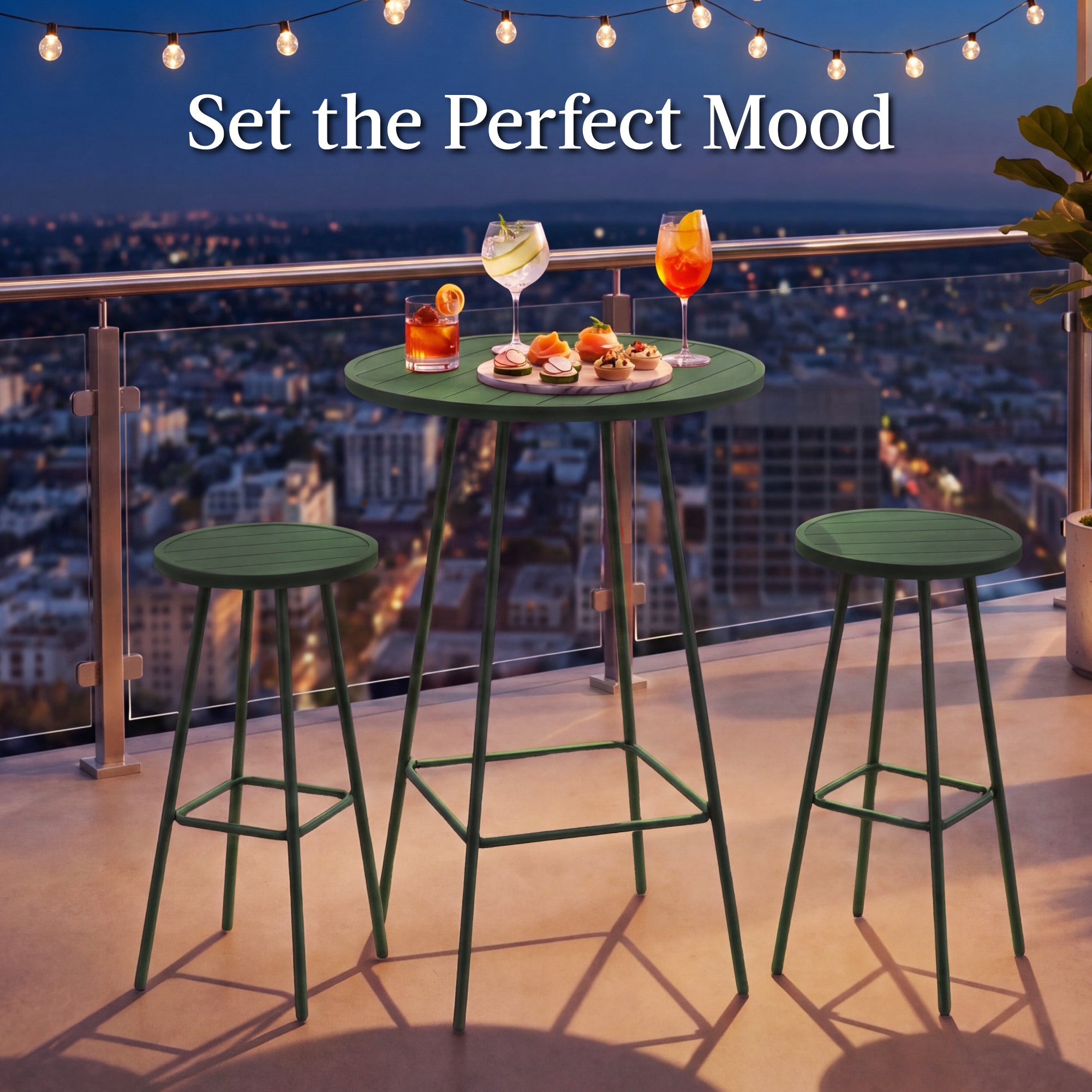3-Piece Patio Bar Height Bistro Set w/ Backless Stools, Slatted Design