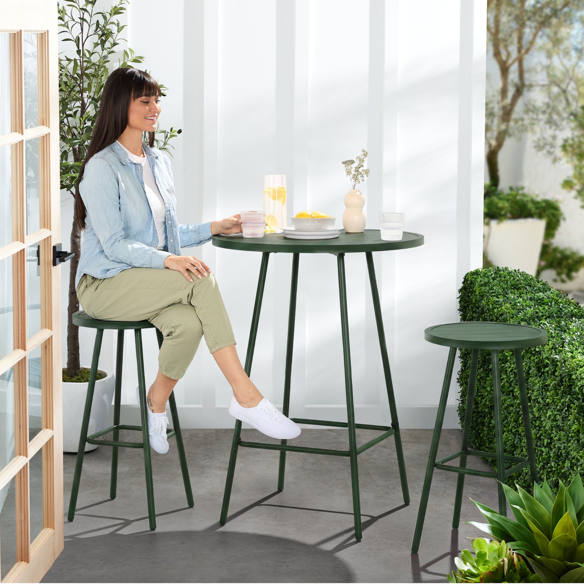3-Piece Patio Bar Height Bistro Set w/ Backless Stools, Slatted Design
