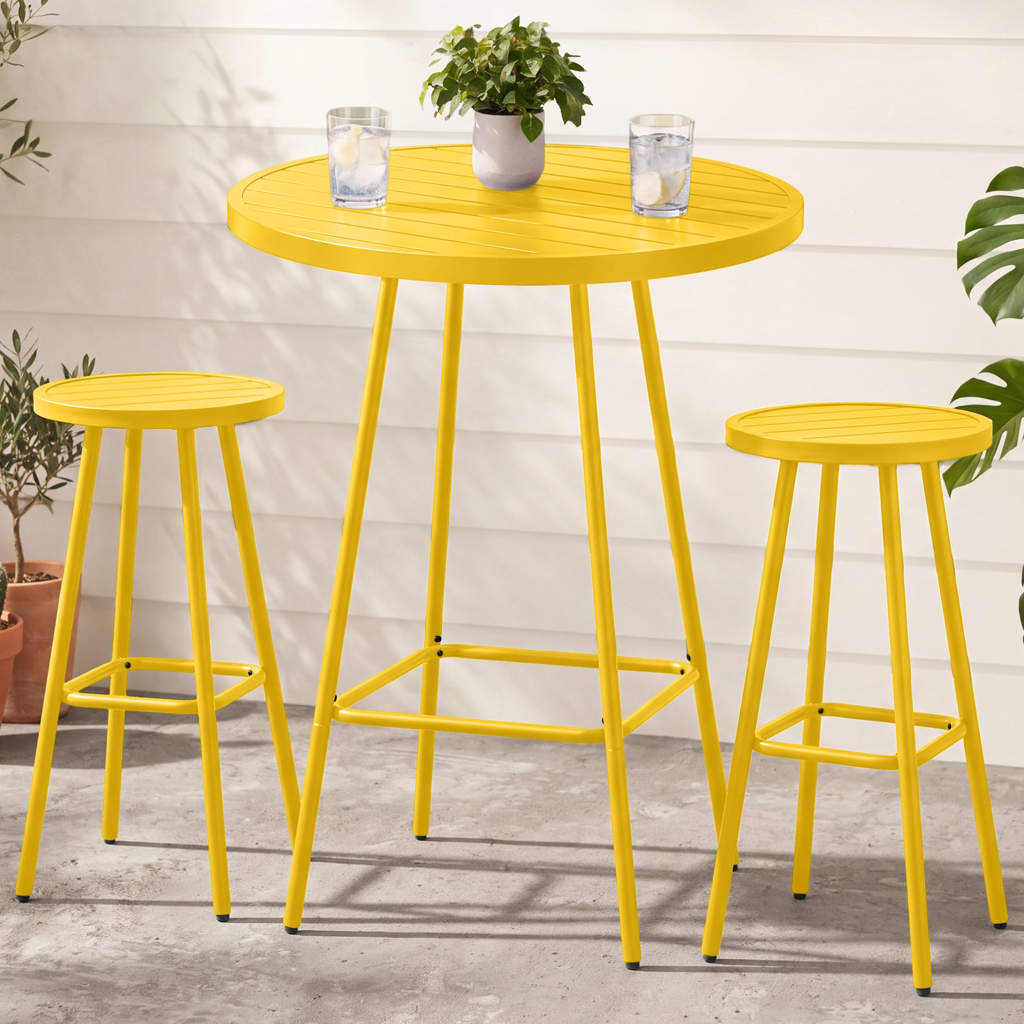 3-Piece Patio Bar Height Bistro Set w/ Backless Stools, Slatted Design