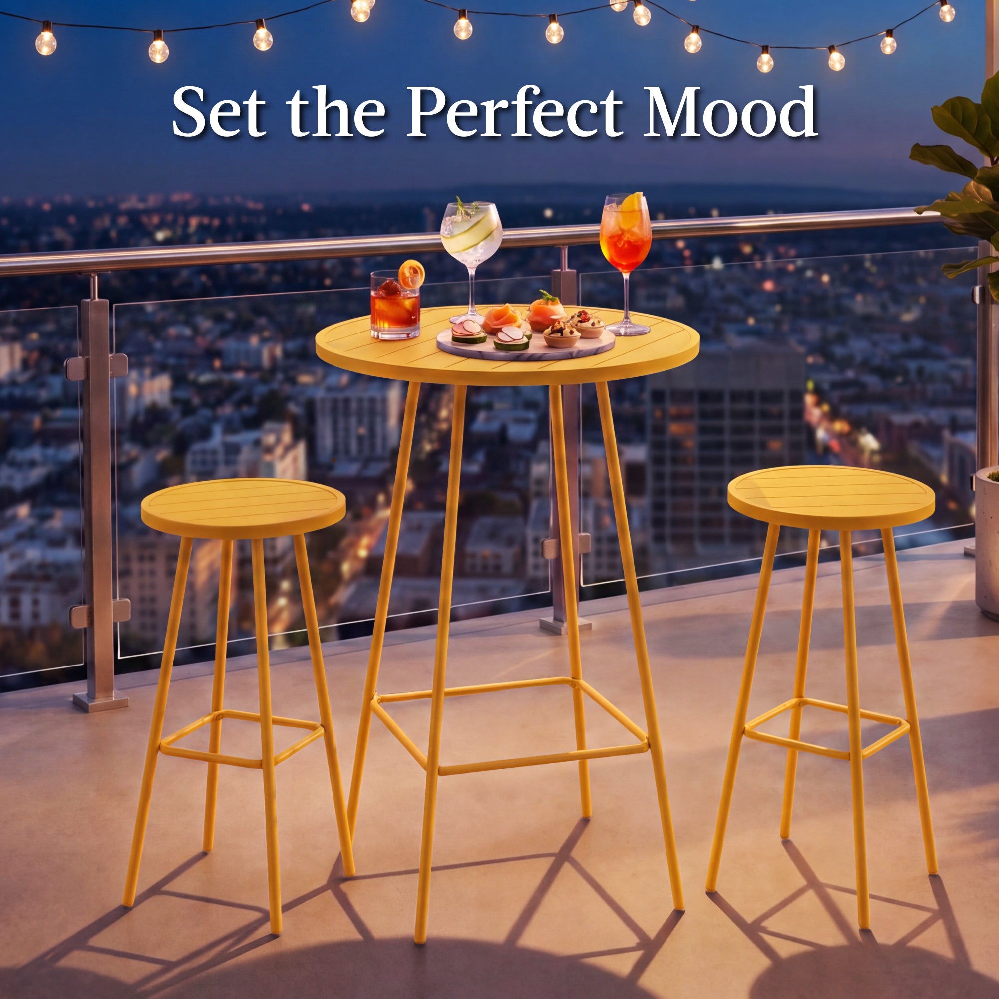 3-Piece Patio Bar Height Bistro Set w/ Backless Stools, Slatted Design