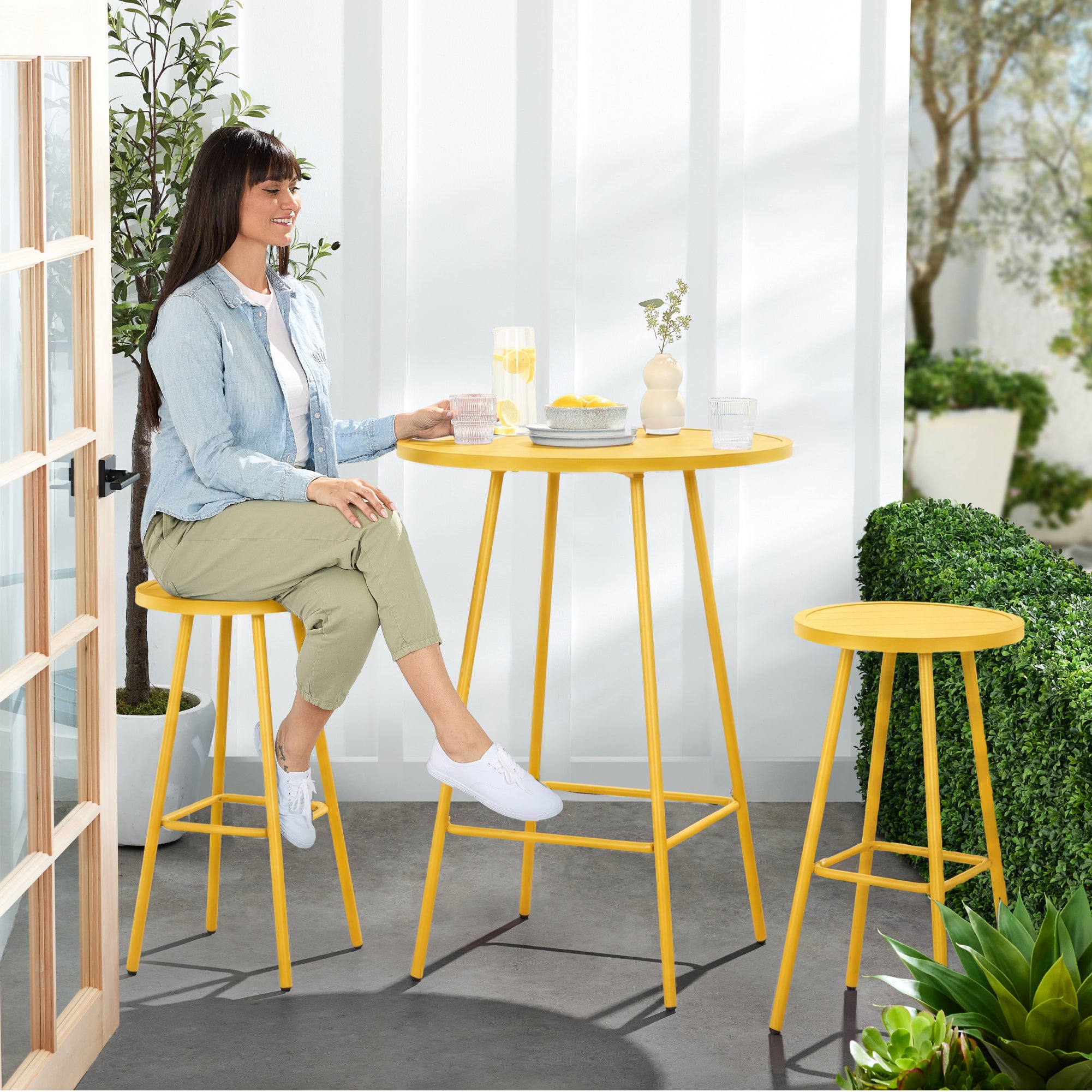 3-Piece Patio Bar Height Bistro Set w/ Backless Stools, Slatted Design