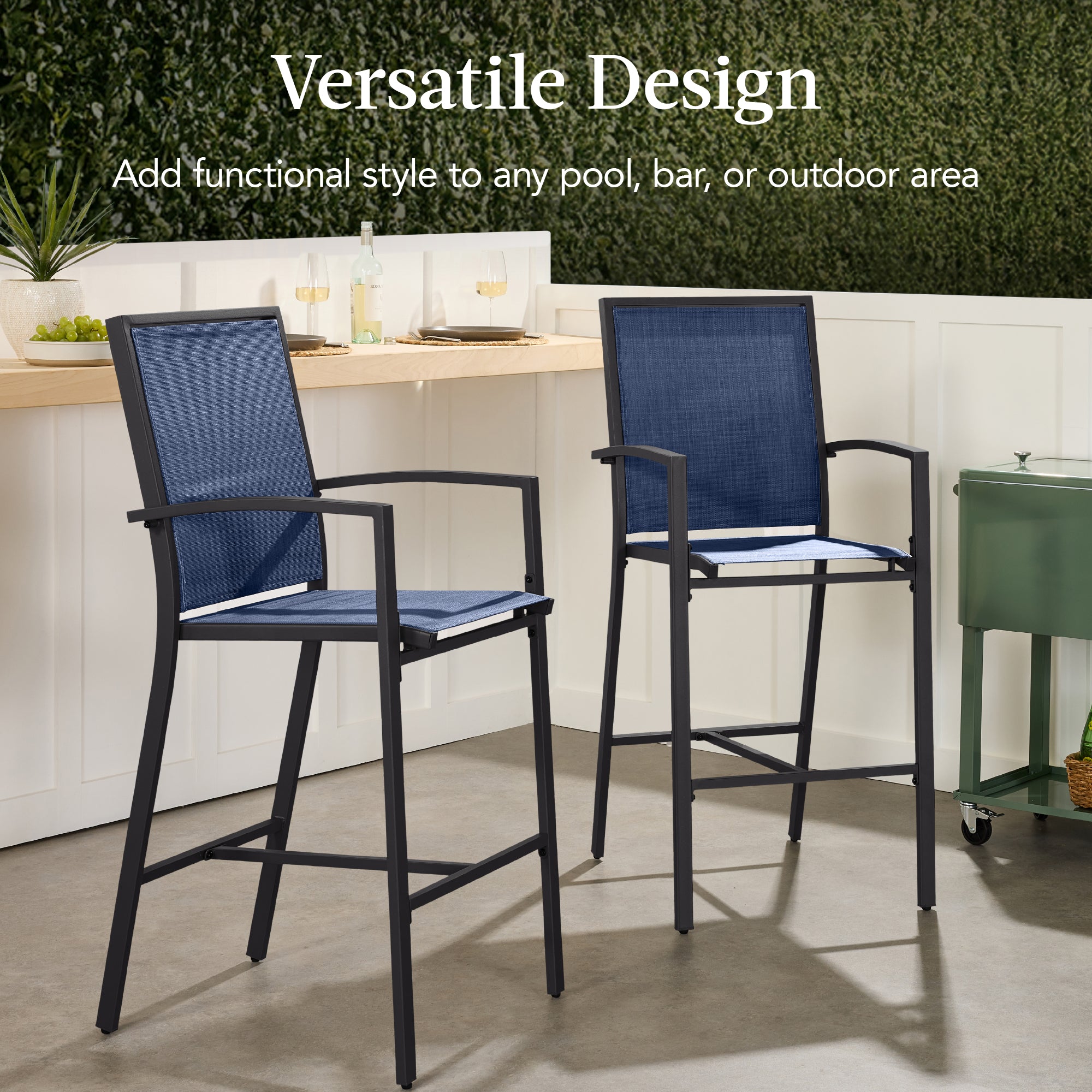 Set of 2 Outdoor Barstools, Patio Chairs w/ Footrests, All-Weather Mesh