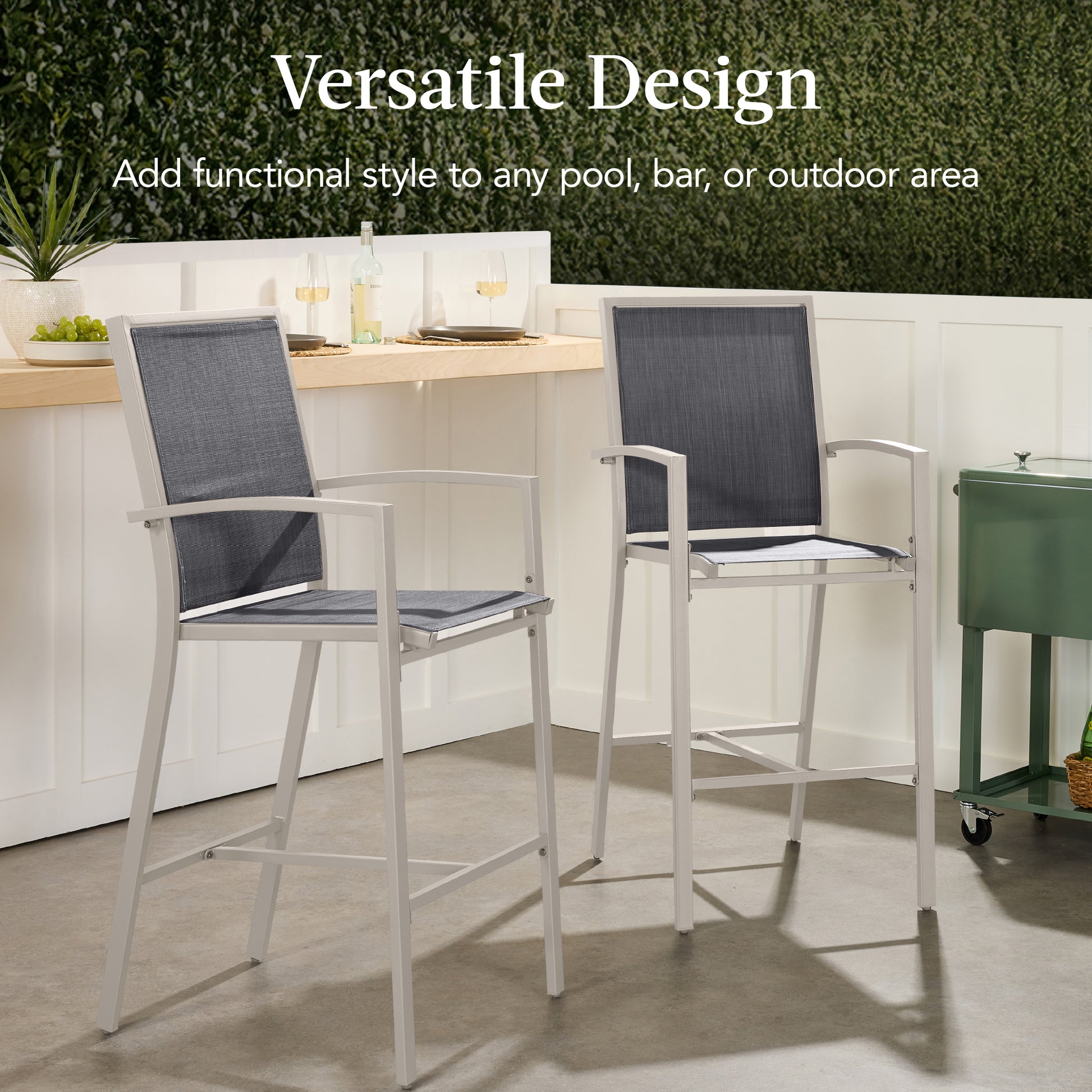 Set of 2 Outdoor Barstools, Patio Chairs w/ Footrests, All-Weather Mesh