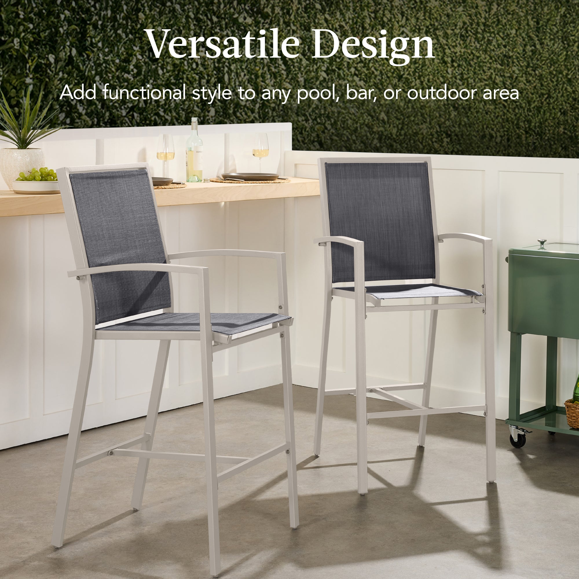 Set of 2 Outdoor Barstools, Patio Chairs w/ Footrests, All-Weather Mesh