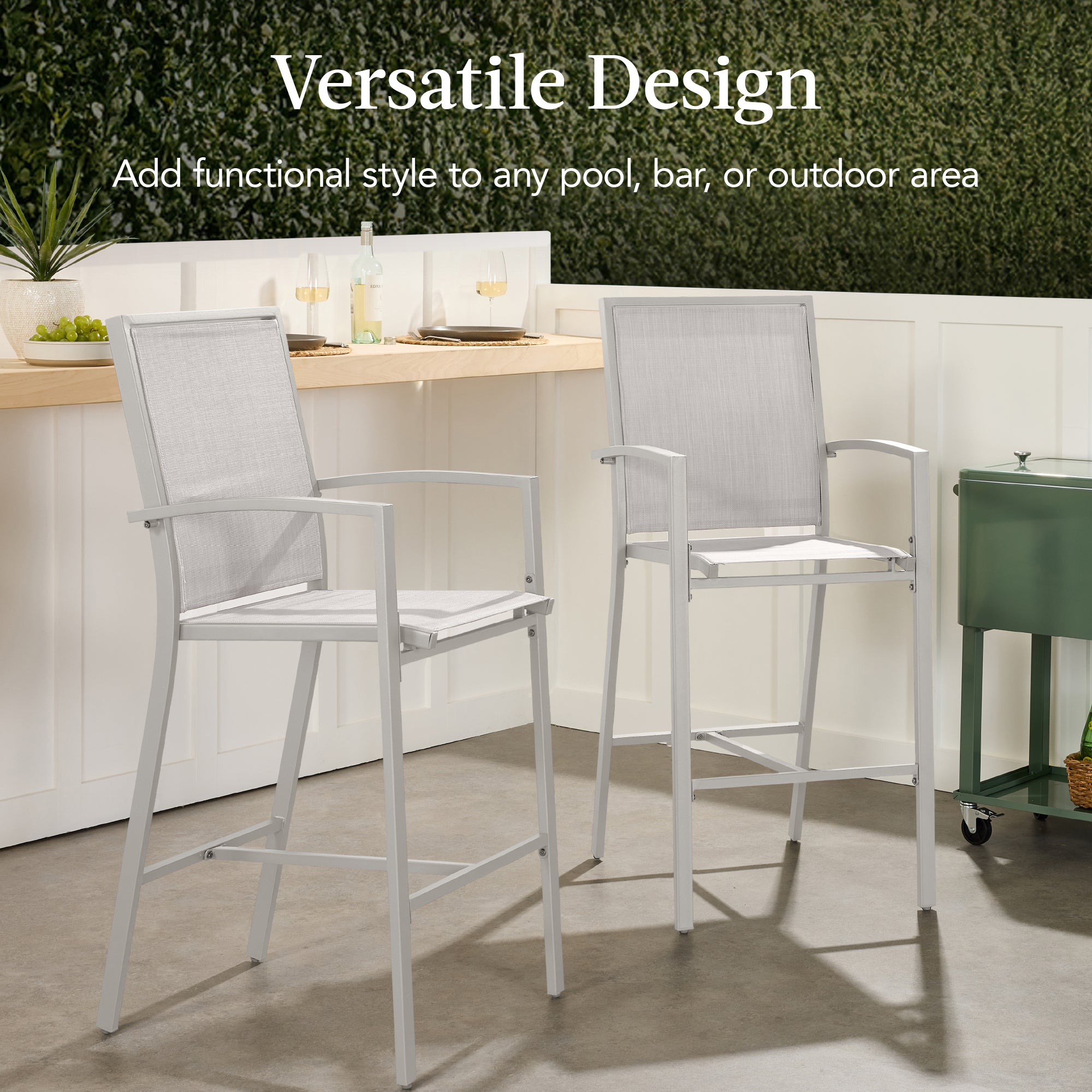 Set of 2 Outdoor Barstools, Patio Chairs w/ Footrests, All-Weather Mesh