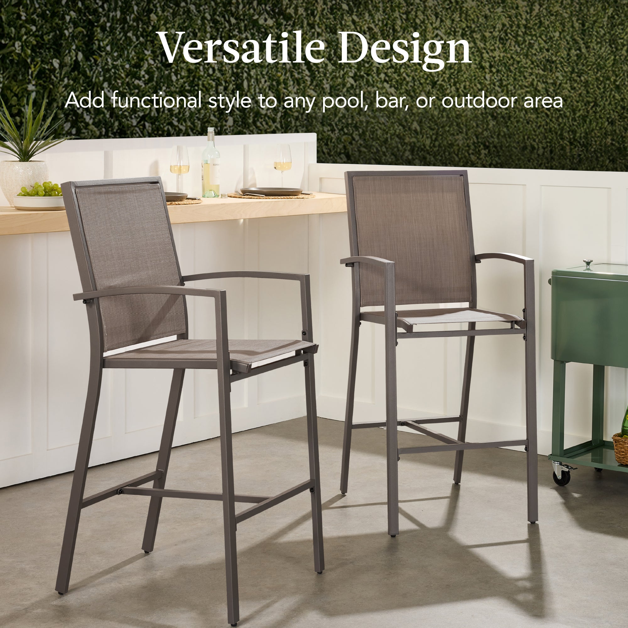 Set of 2 Outdoor Barstools, Patio Chairs w/ Footrests, All-Weather Mesh
