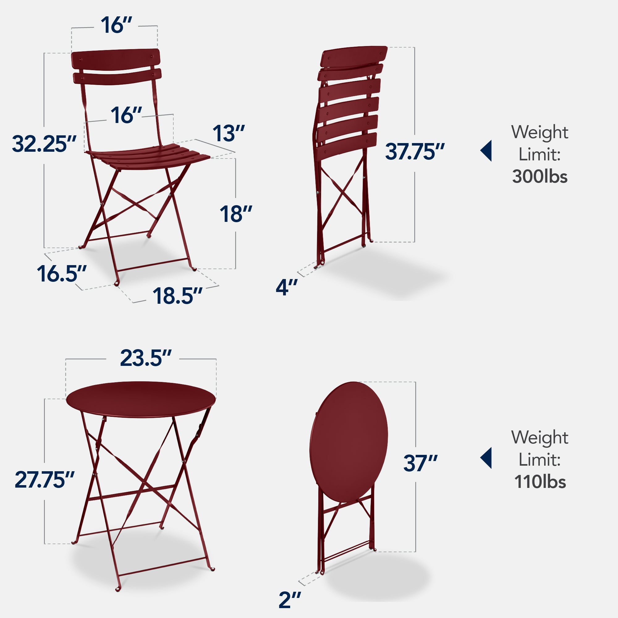 3-Piece Small Folding Patio Bistro Set w/ 2 Chairs