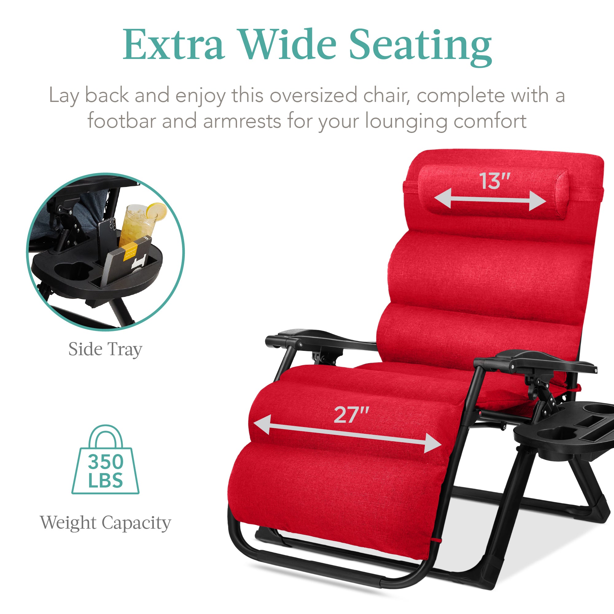 Oversized Zero Gravity Chair, Folding Outdoor Recliner w/ Removable Cushion