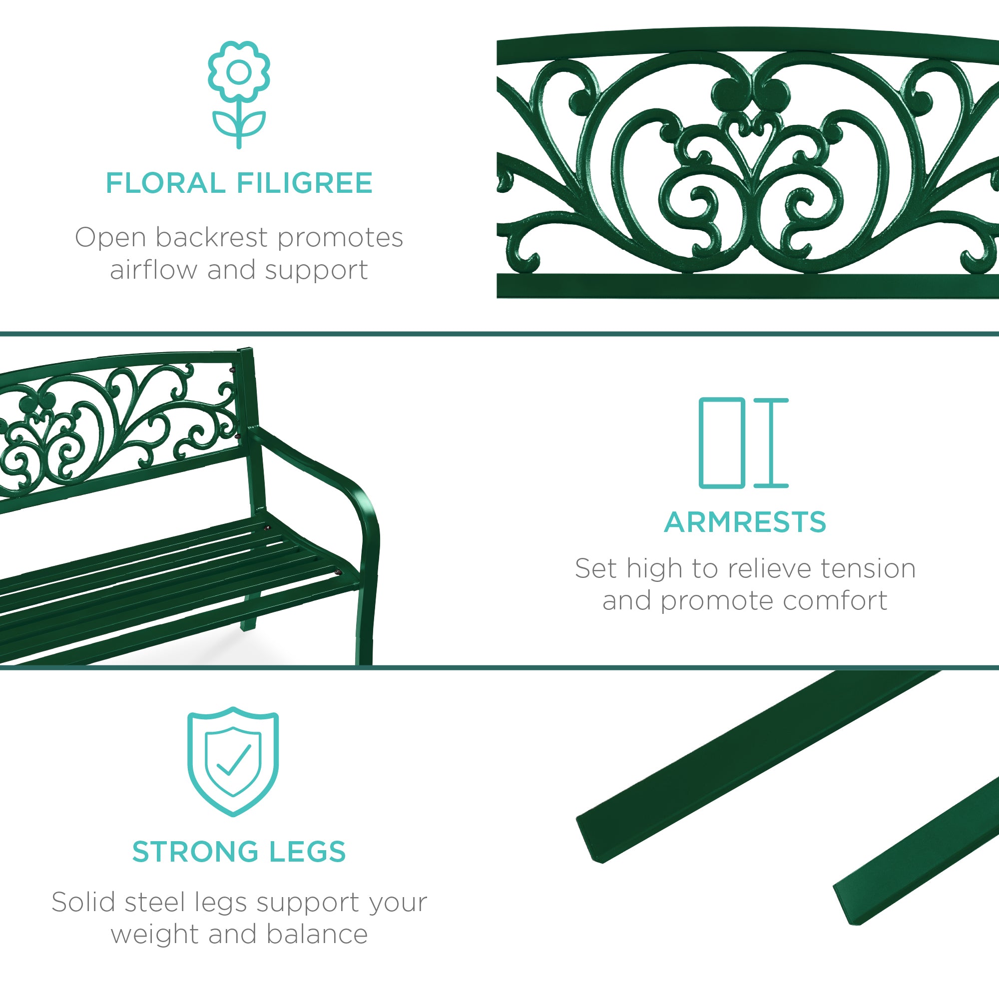 Steel Bench for Outdoor, Patio, Garden w/ Floral Design - 50in