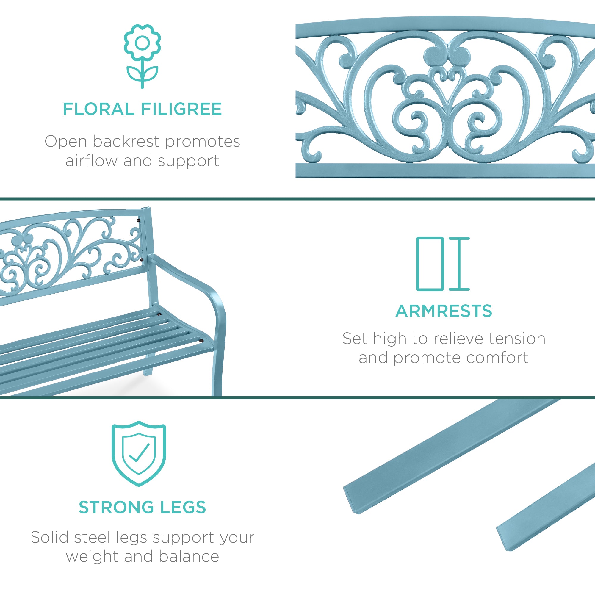 Steel Bench for Outdoor, Patio, Garden w/ Floral Design - 50in