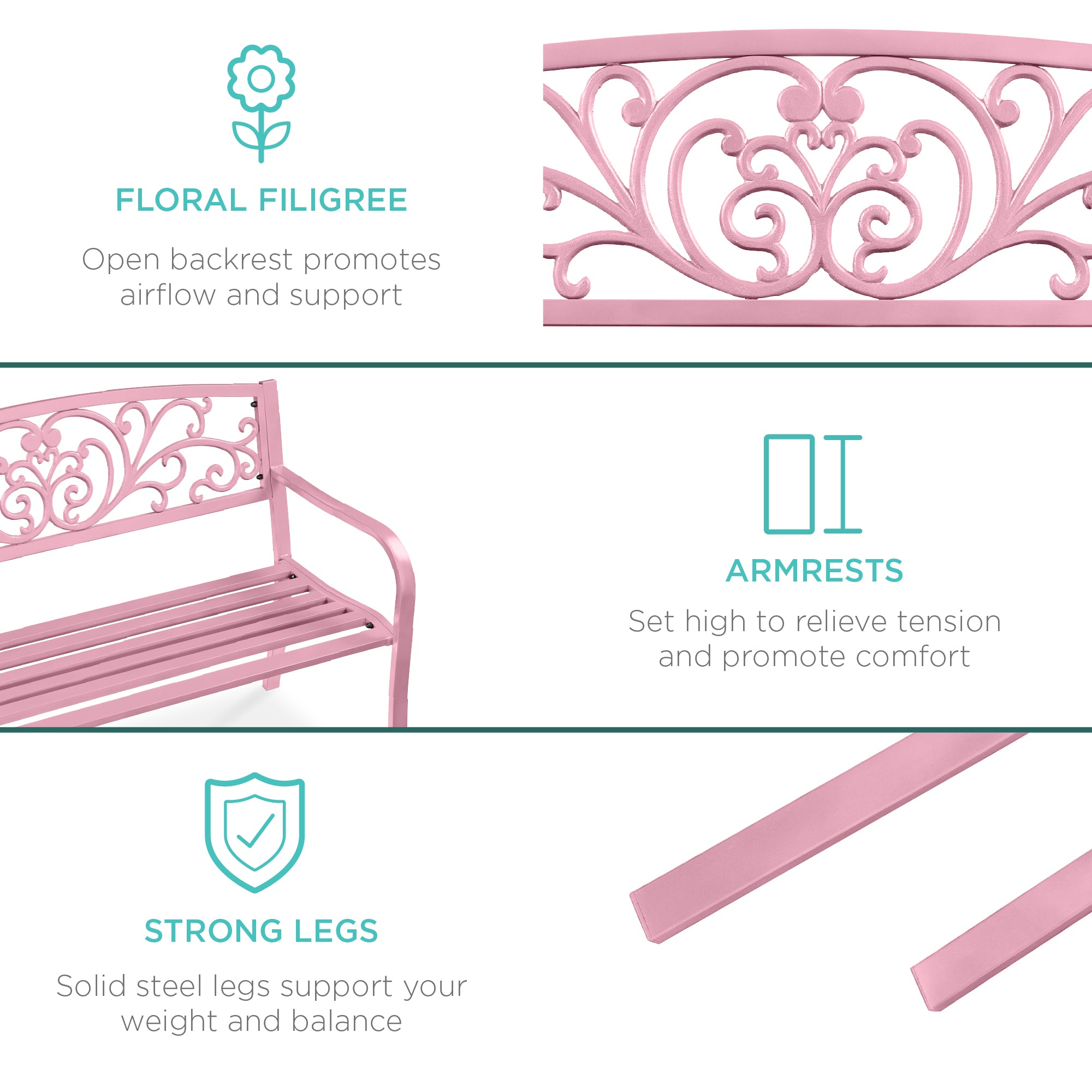 Steel Bench for Outdoor, Patio, Garden w/ Floral Design - 50in