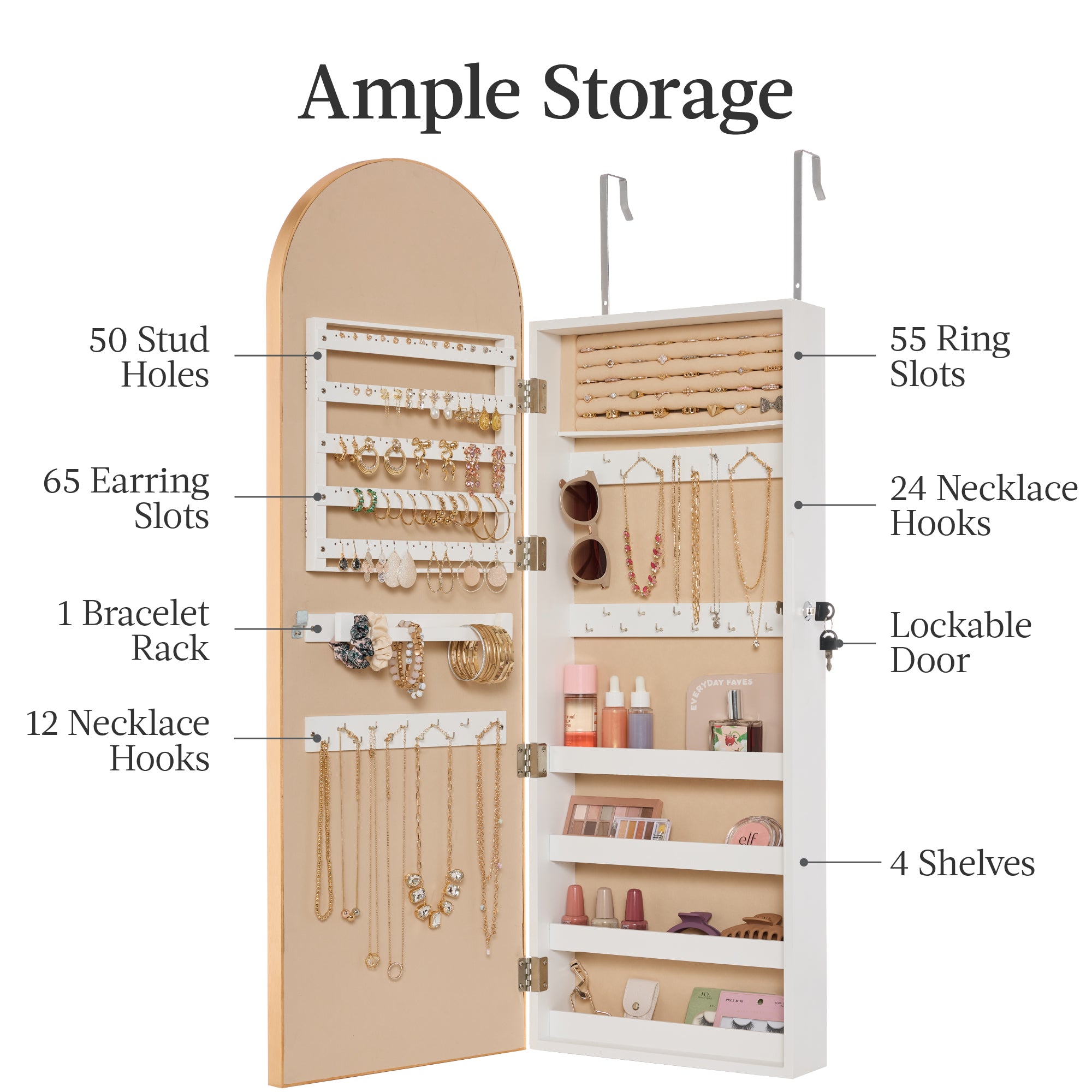 Door/Wall Mounted Arch Mirror Jewelry Armoire, w/ Metal Frame, Built-In Lock