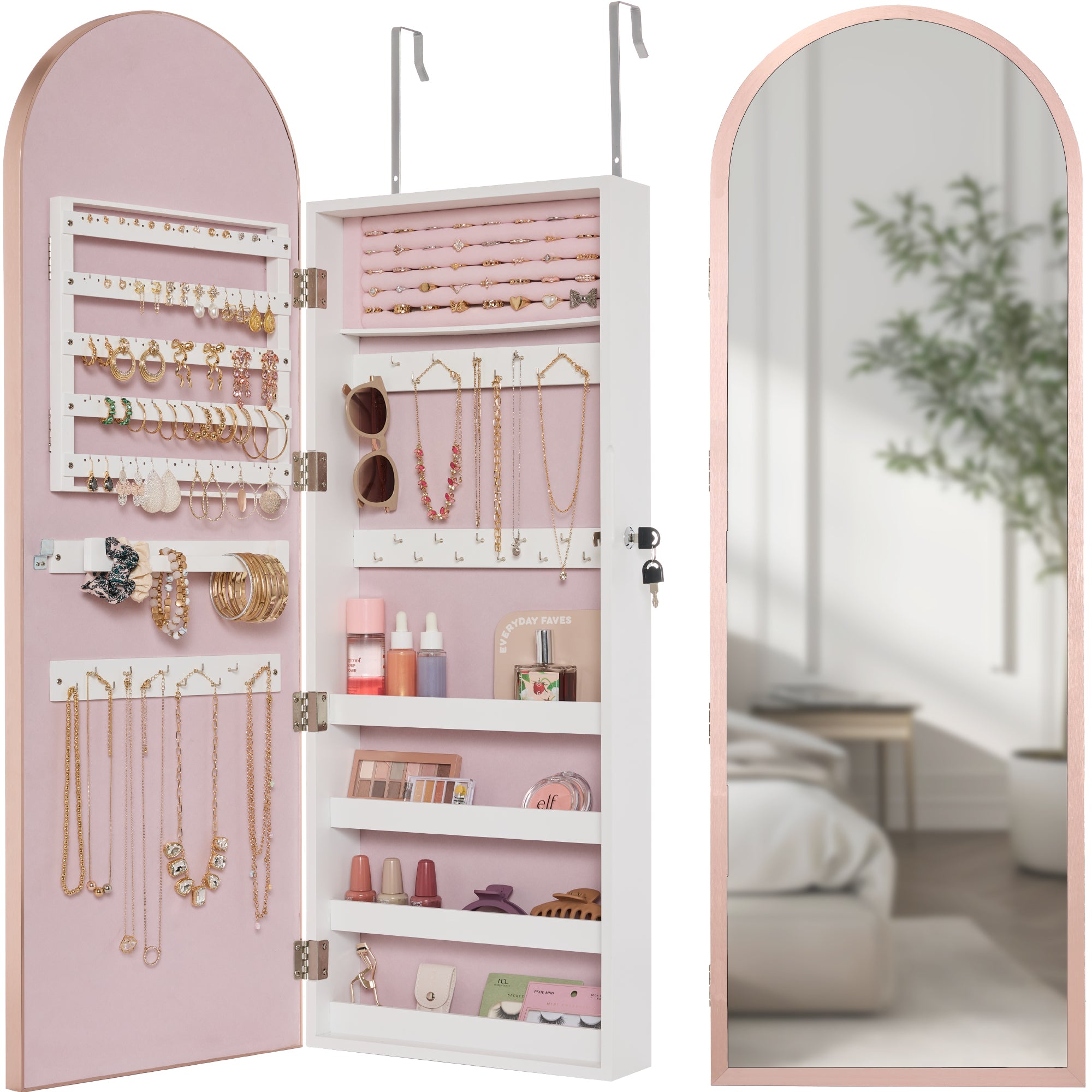 Door/Wall Mounted Arch Mirror Jewelry Armoire, w/ Metal Frame, Built-In Lock