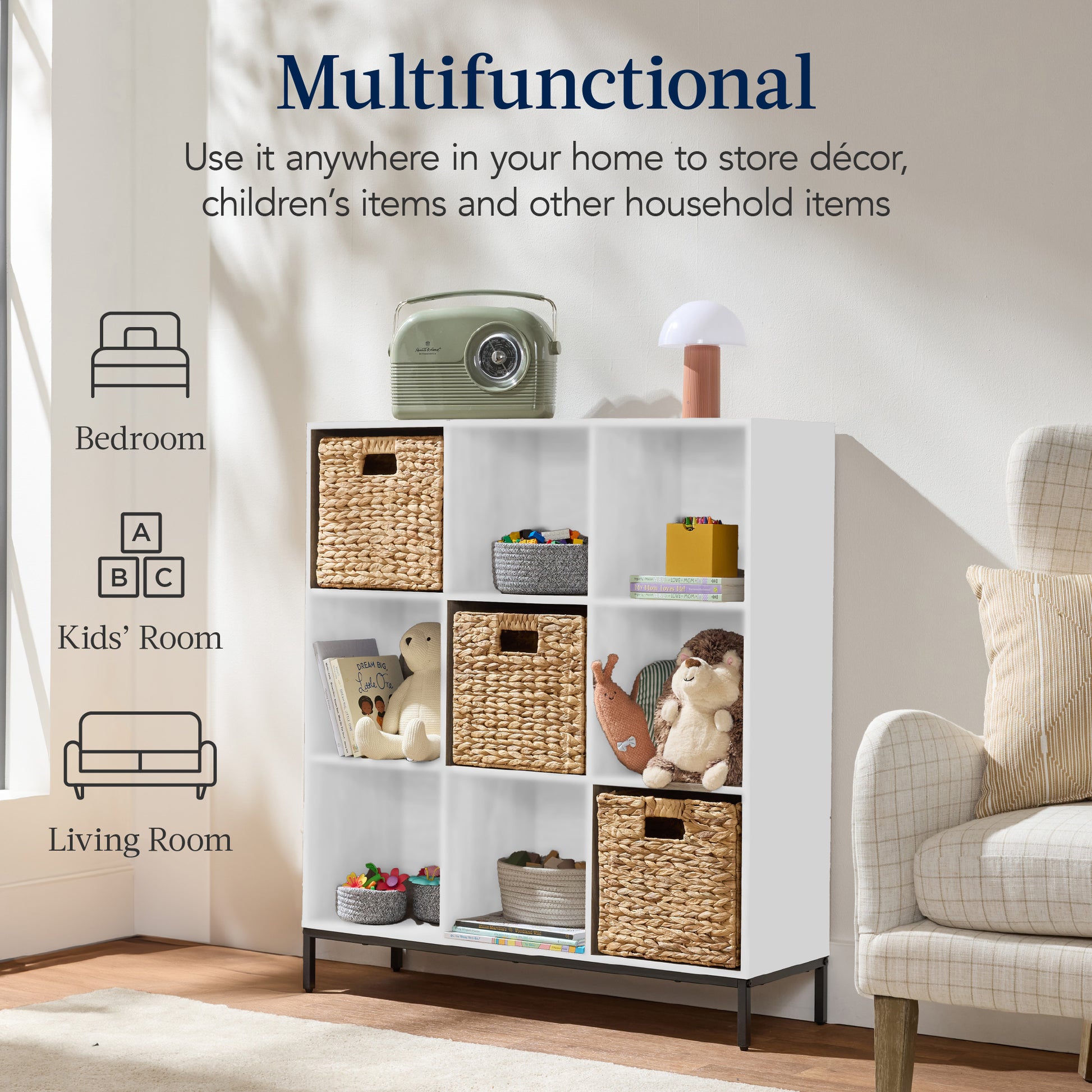 Elevated 9-Cube Storage Organizer, 11in Bookshelf, w/ Metal Legs