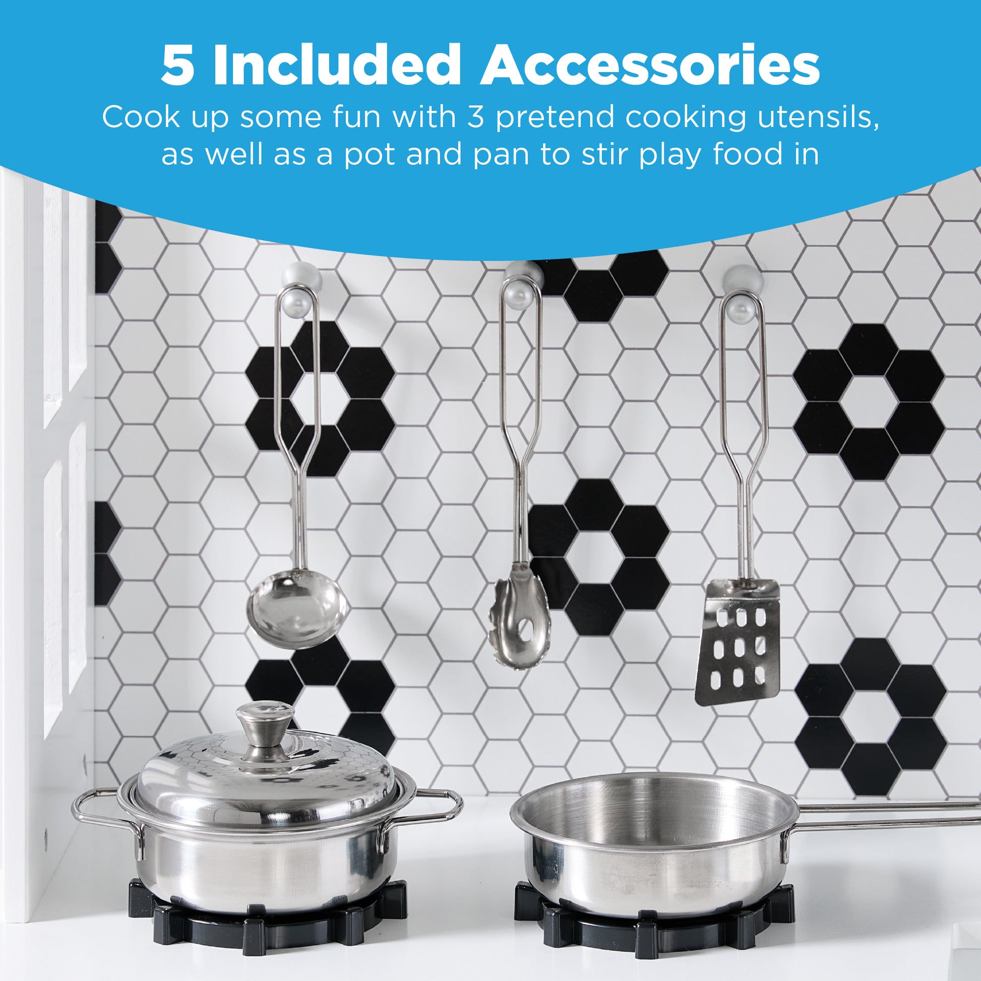 Pretend Play Wooden Farmhouse Kitchen Set w/ Storage, 5 Accessories