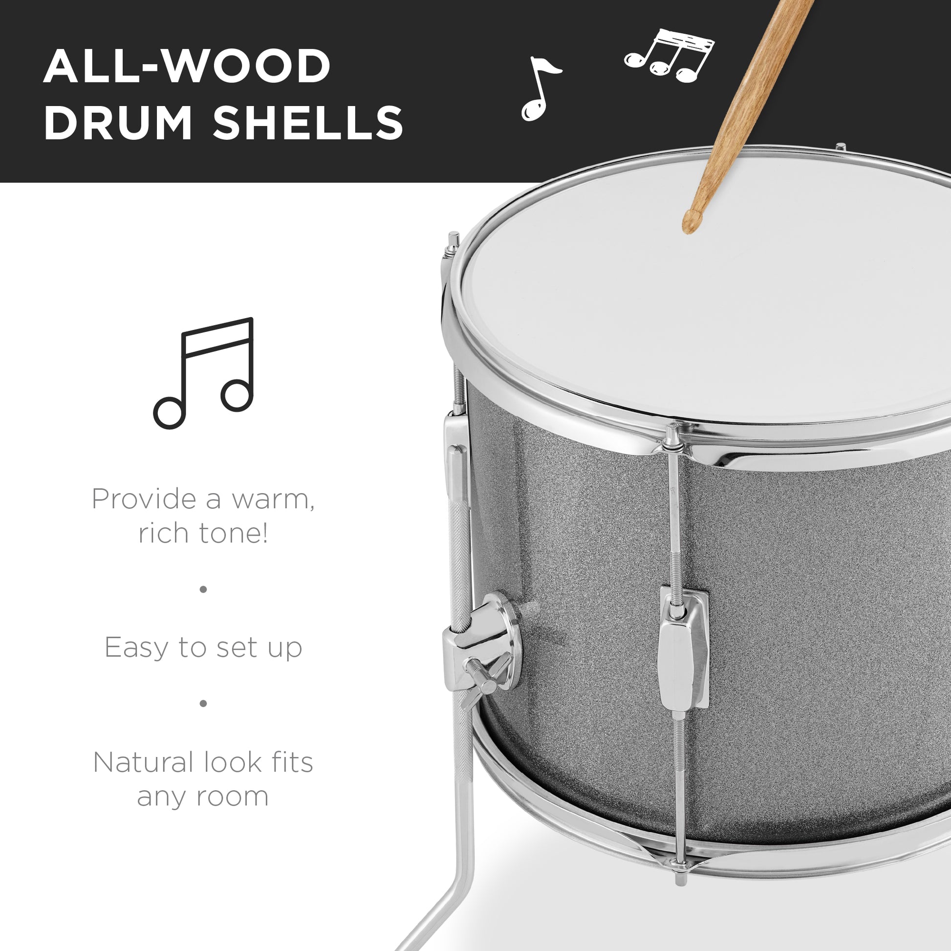 Kids Beginner All Wood Acoustic Drum Kit Starter Set w/ Stool, Drumsticks