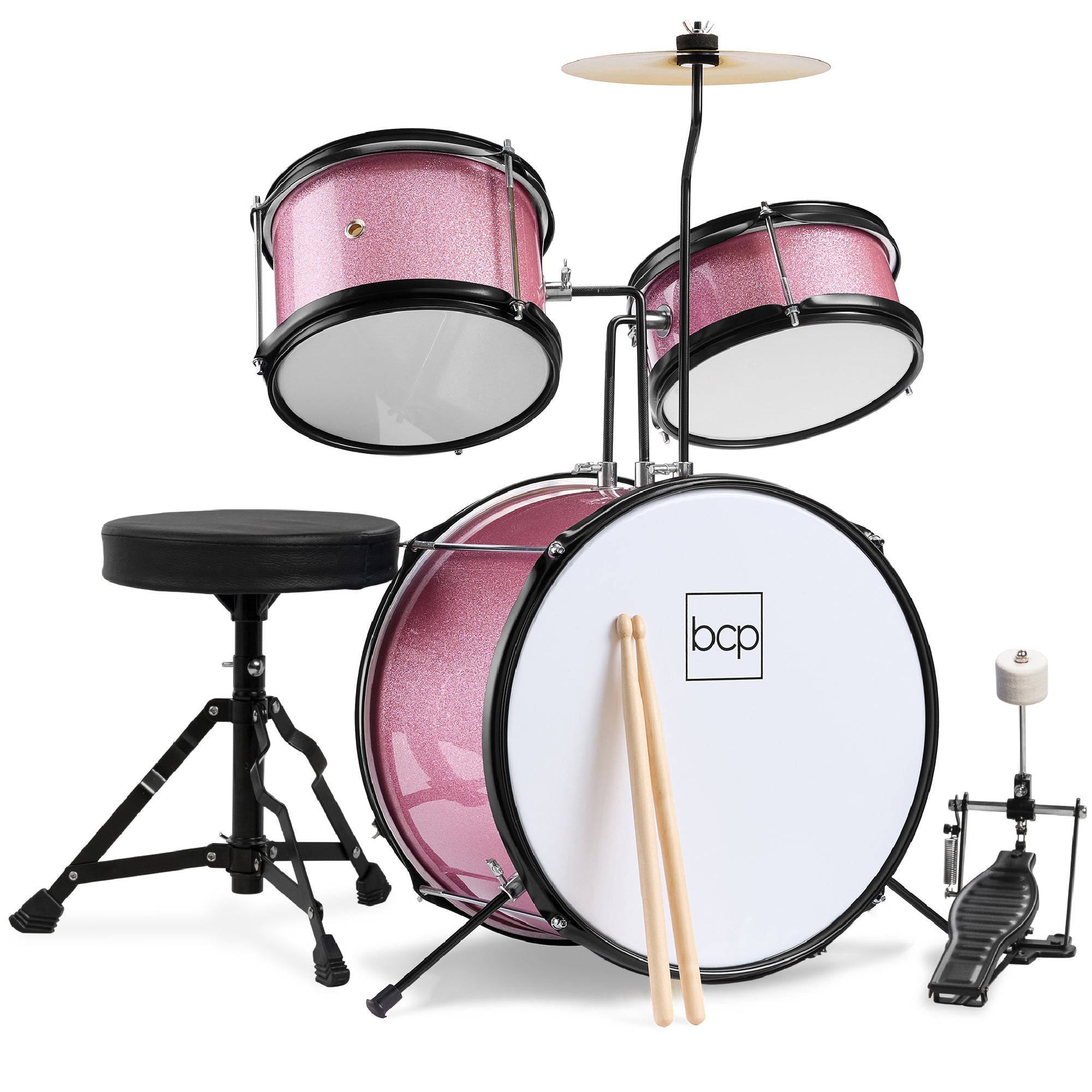 Kids Beginner 3-Piece Drum, Musical Instrument Set w/ Sticks, Stool, Pedal