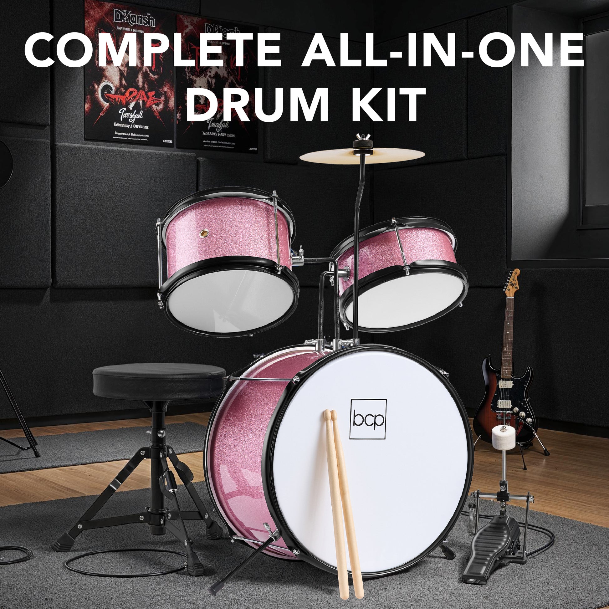 Kids Beginner 3-Piece Drum, Musical Instrument Set w/ Sticks, Stool, Pedal