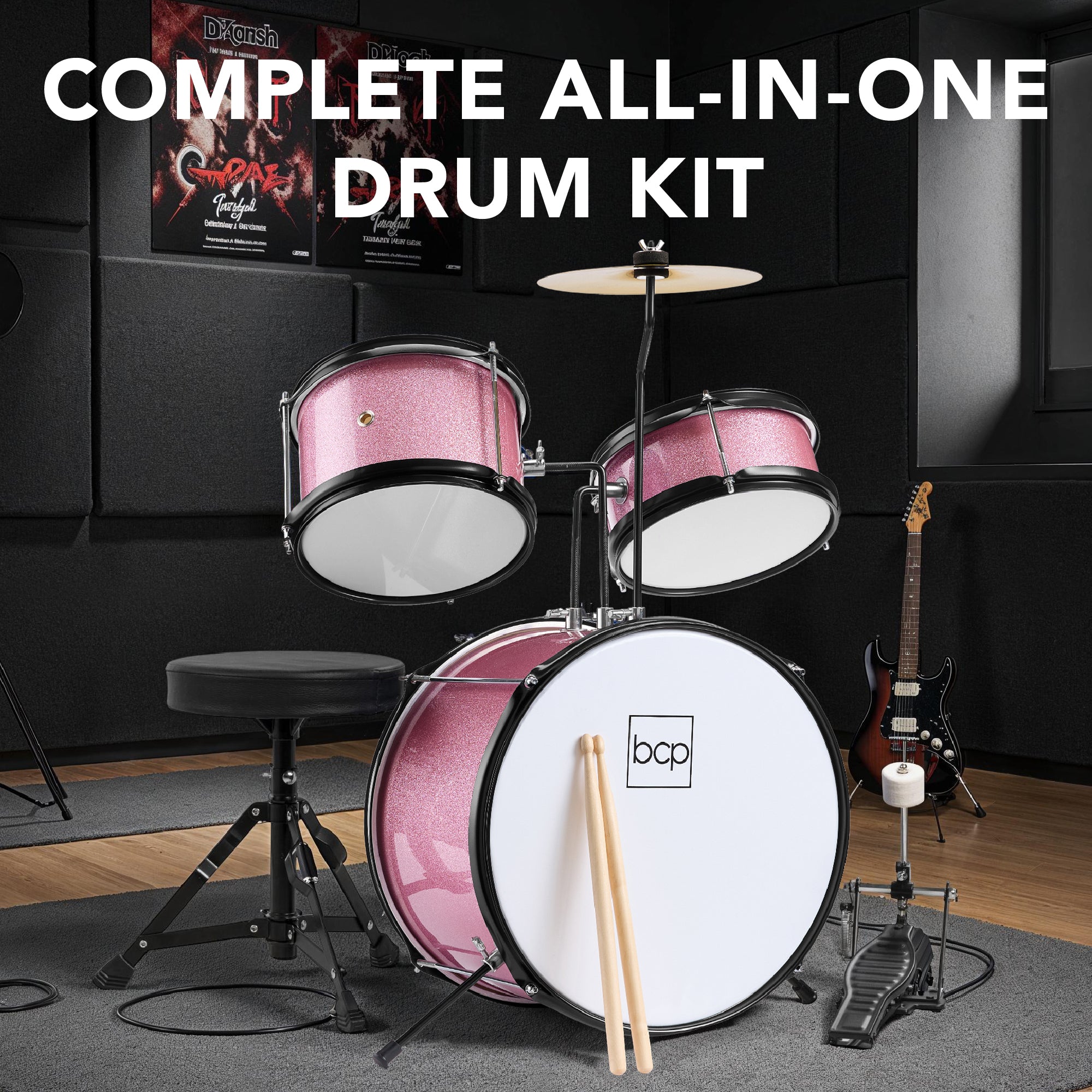 Kids Beginner 3-Piece Drum, Musical Instrument Set w/ Sticks, Stool, Pedal