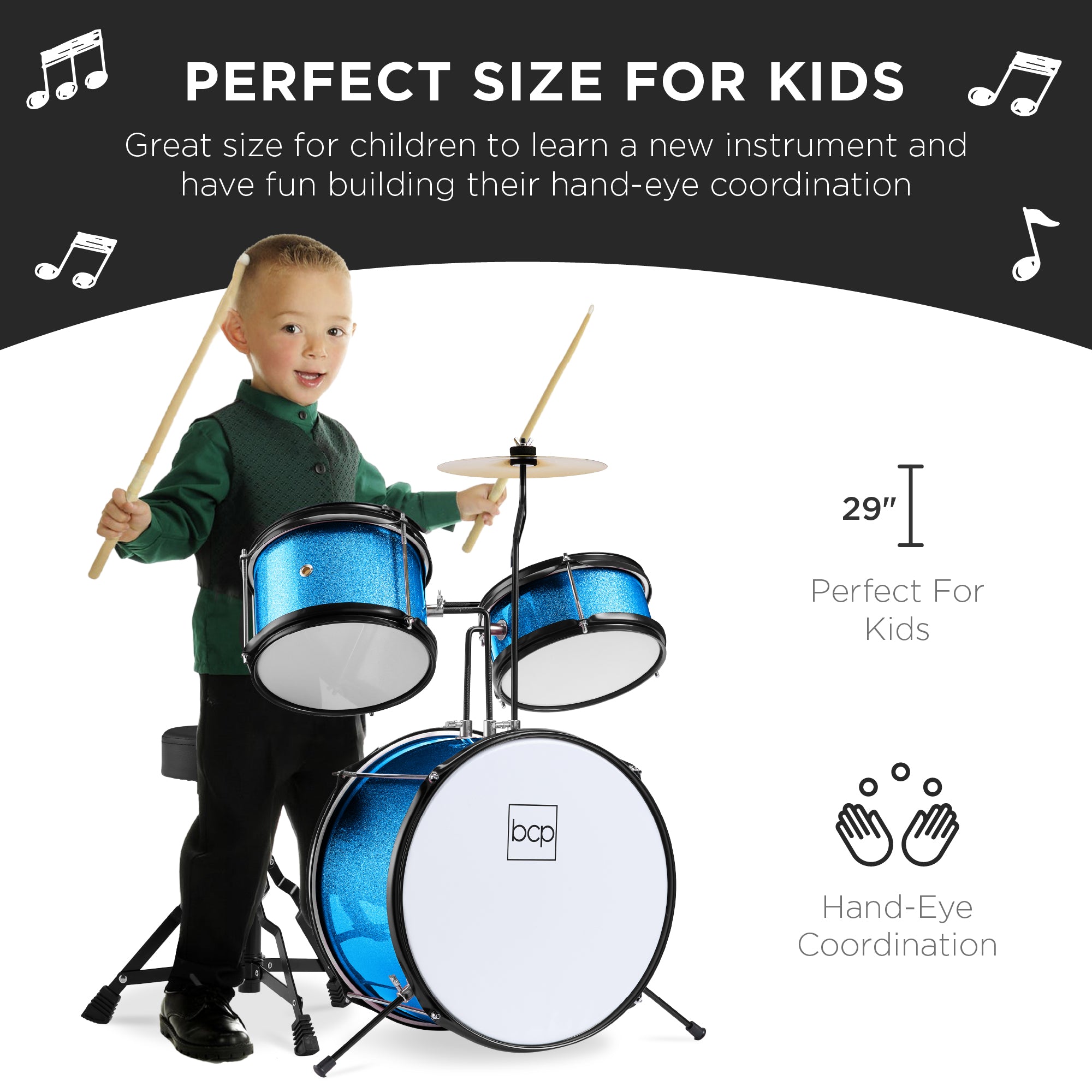 Kids Beginner 3-Piece Drum, Musical Instrument Set w/ Sticks, Stool, Pedal